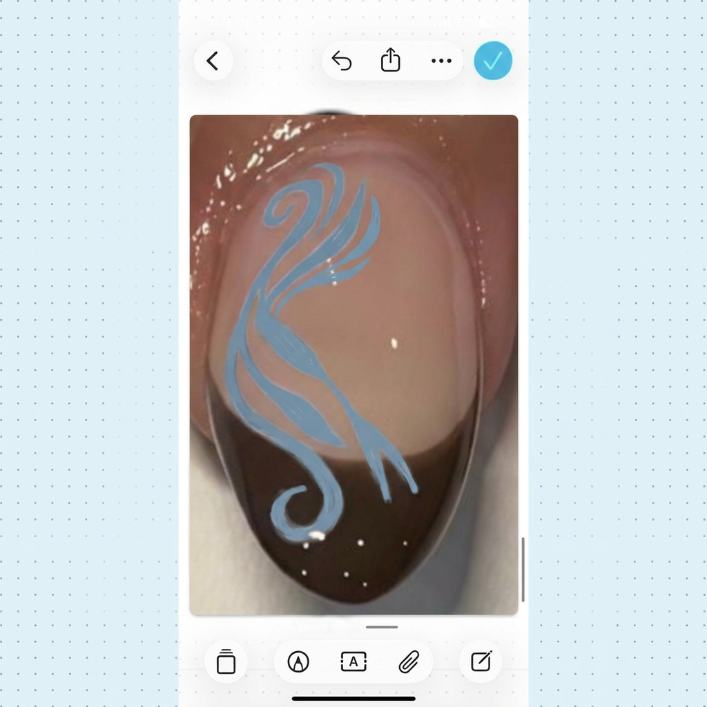 AI Design for change the pink nail design into a dusty light blue. keep the brown french tip change nothing else about this design