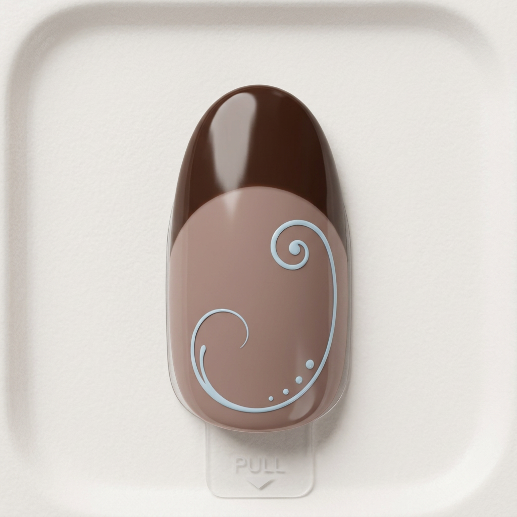 AI Design for simplify this design so it has less flourishes that apply it to a real nail but make it look like a stick on nail that has not been applied yet and then give me a photo with a top view