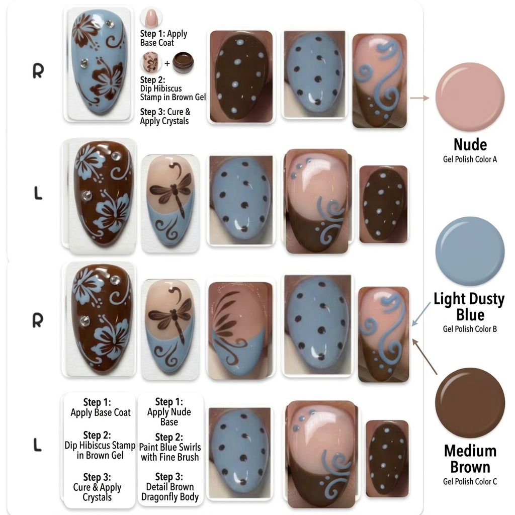 AI Design for make an image of a nail tech can follow easily also put the three colours on the side label the nude light dusty blue and medium brown