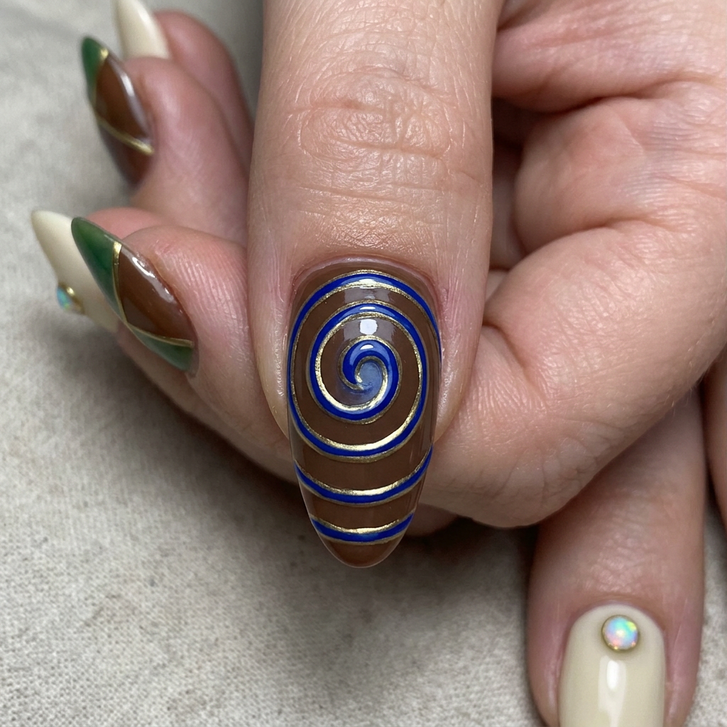 AI Design for same swirl design but on a medium brown base and then make the circular swirl blue. put it on a finger realistic. make the design look painted on not 3d sculpted