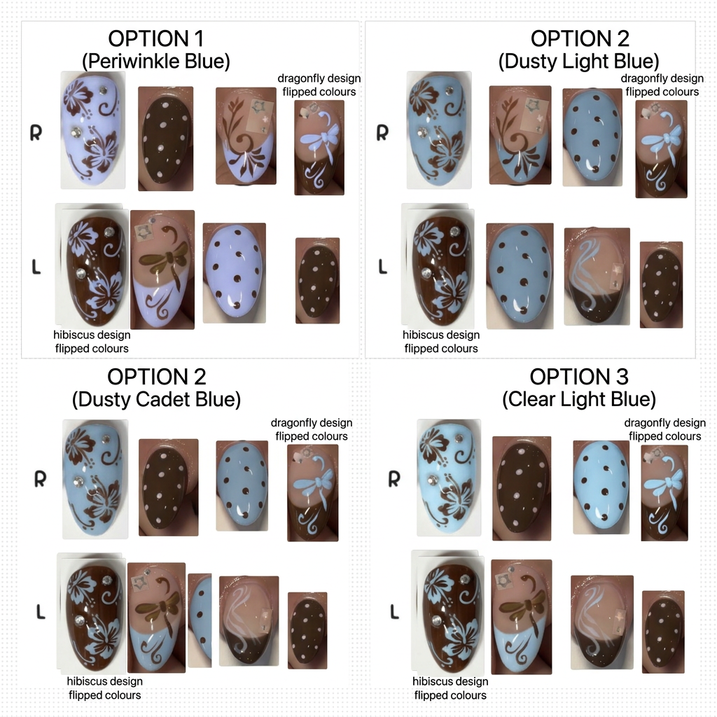 AI Design for in the pink and brown nails set photo change the pink but not the nude base just the pink into one of the three blues give me three options. One for each. The three blue colours changed nothing else about the nail set and make sure all the details are still legible and clear. Do not change the brown.