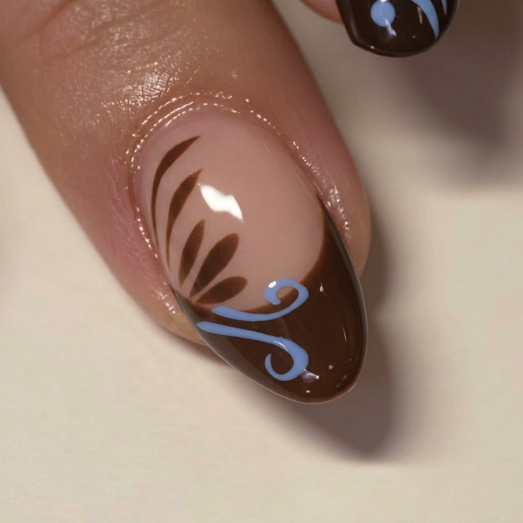AI Design for zmake the nail art blue and the french tip brown but do not change the nude base colour