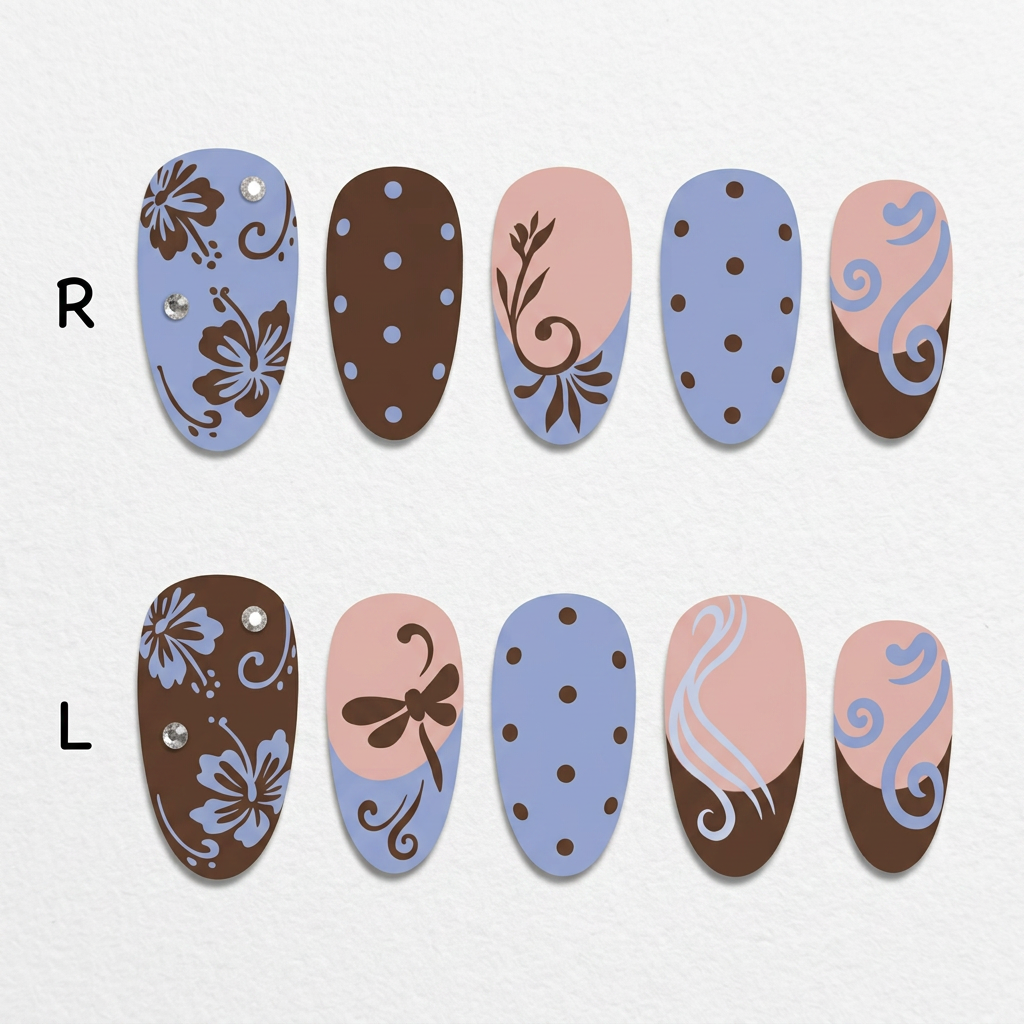 AI Design for make the individual nail design match the style but not change the design to fit with the rest of the set in the second photo. Change nothing about bthe design or the colours just how the photo is laid and make sure the nail design is 2-D not 3-D.