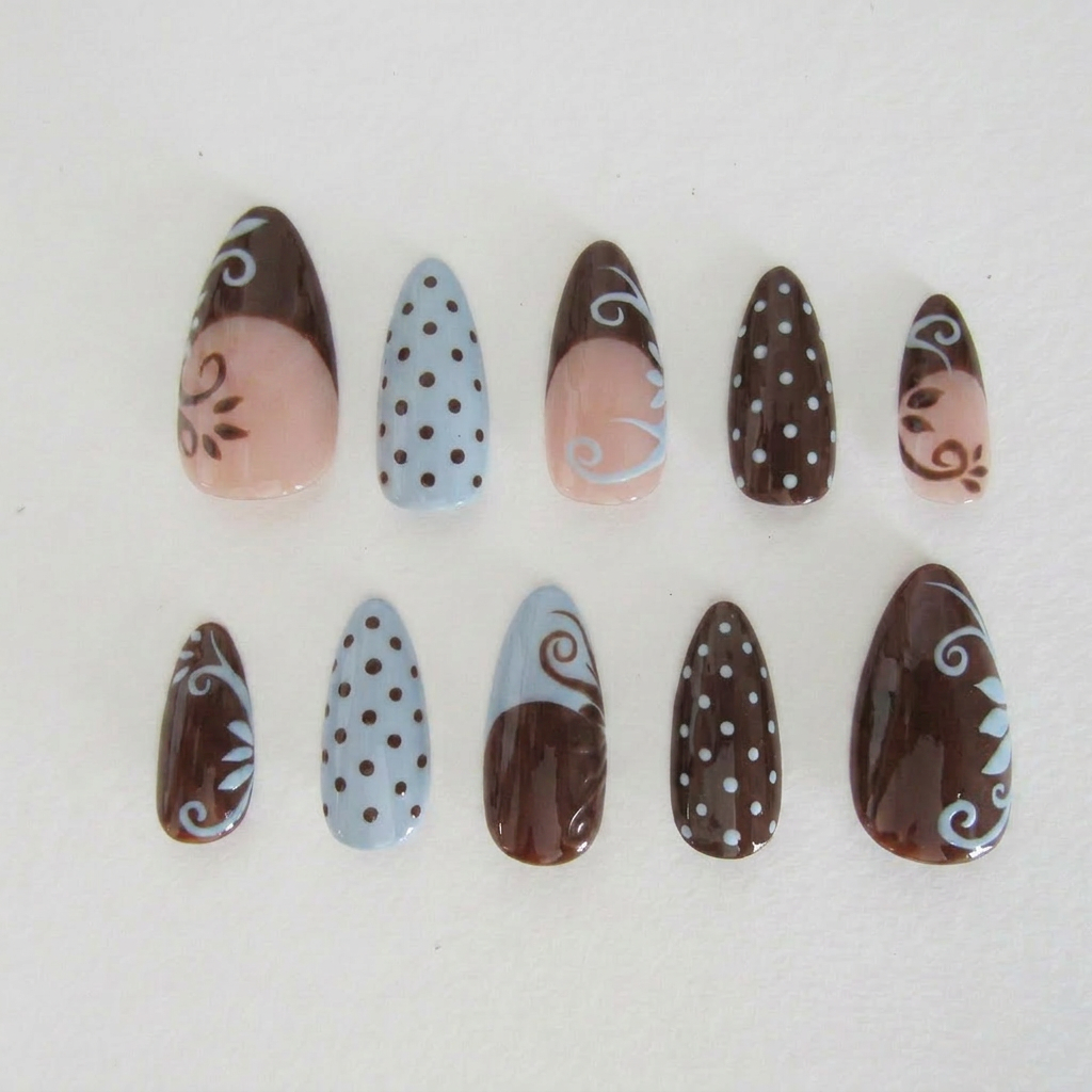 AI Design for make the black colour in this nail set into a chocolate dark brown
