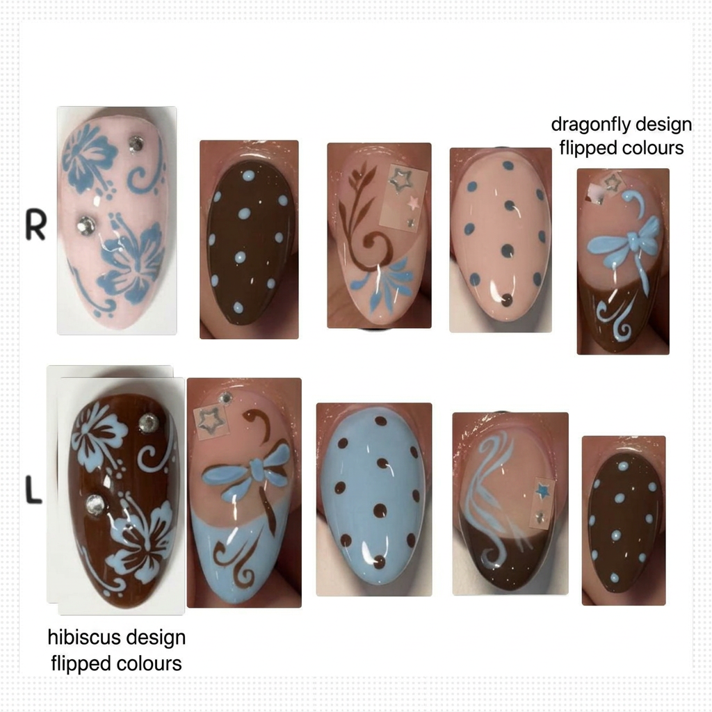 AI Design for change only the pinks (not the nude base colour) into dusty light blue. make sure th ev polka dots on the brown at ev also blue. dont change the brown and d keep everything else about this photo the exact same