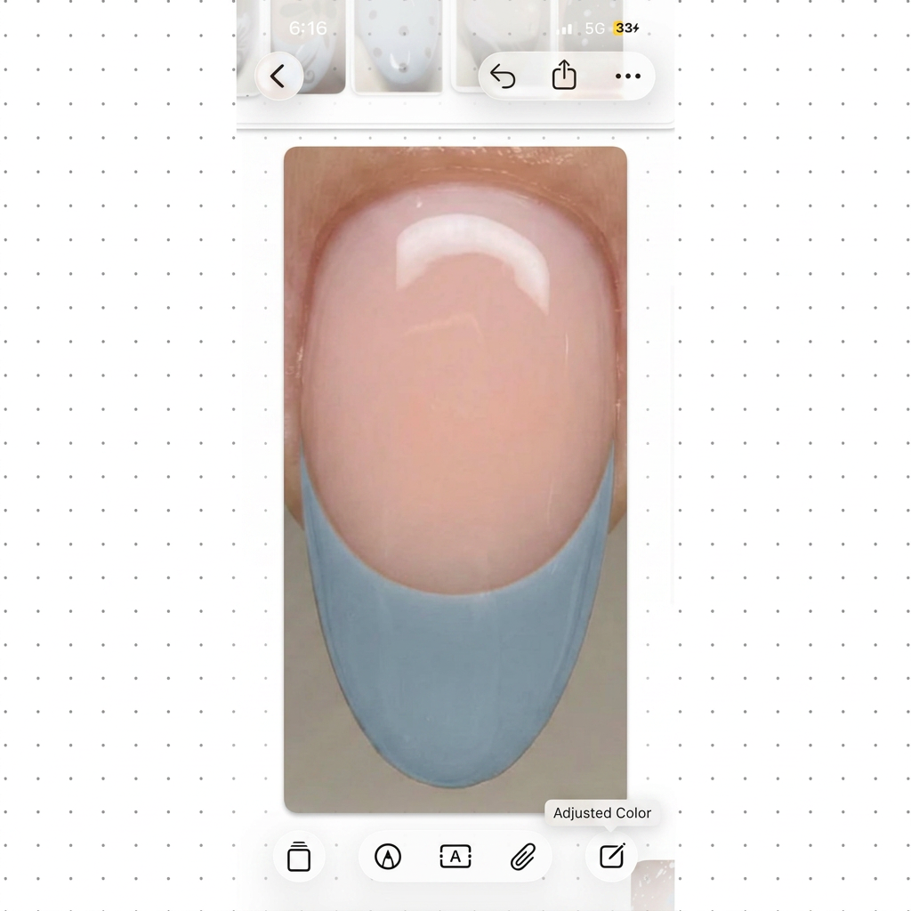 AI Design for turn this brown French tip into a light dusty blue French tip