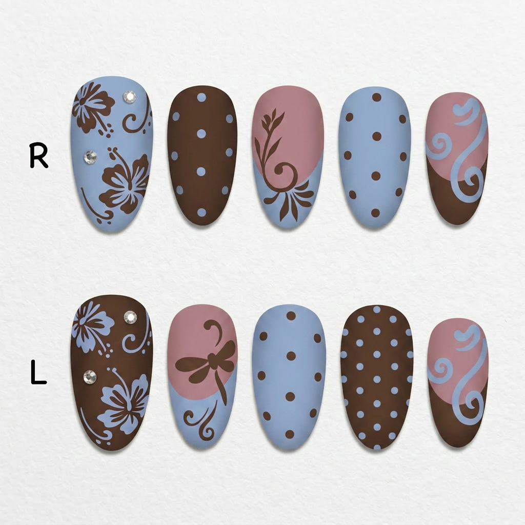 AI Design for change the left pinky finger into a brown n ask ls with blue polka dots jus tv like the right index finger. also change all blue into dusty light blue