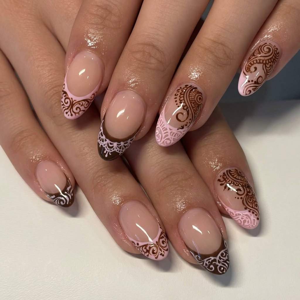 AI Design for make similar nail designs to this with a nude base colour and then either a pink or brown French tip and then if the French tip is pink use brown for the details or if the friendship is brown then use pink for the details and for the details to make it like thin brushes and henna styles