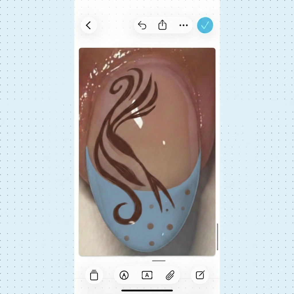 AI Design for make the french tip dusty light blue and make the nail art design brown but keep the nude base colour the same