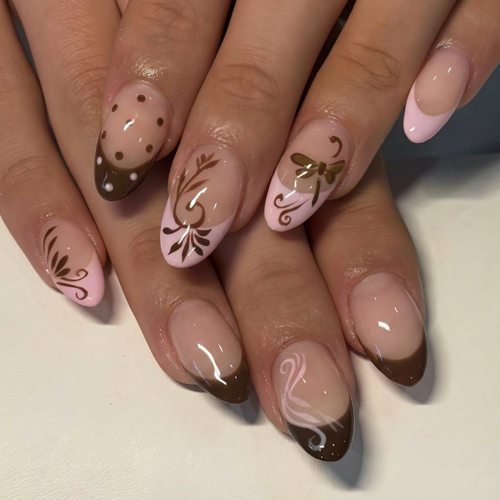 AI Design for make every nail that nude base and then French dip with the opposite colour for details make the details brushy not too complicated like a Indian henna pattern but still with the same vibe like a simple tattoo but not too simple in a way that’s just plain