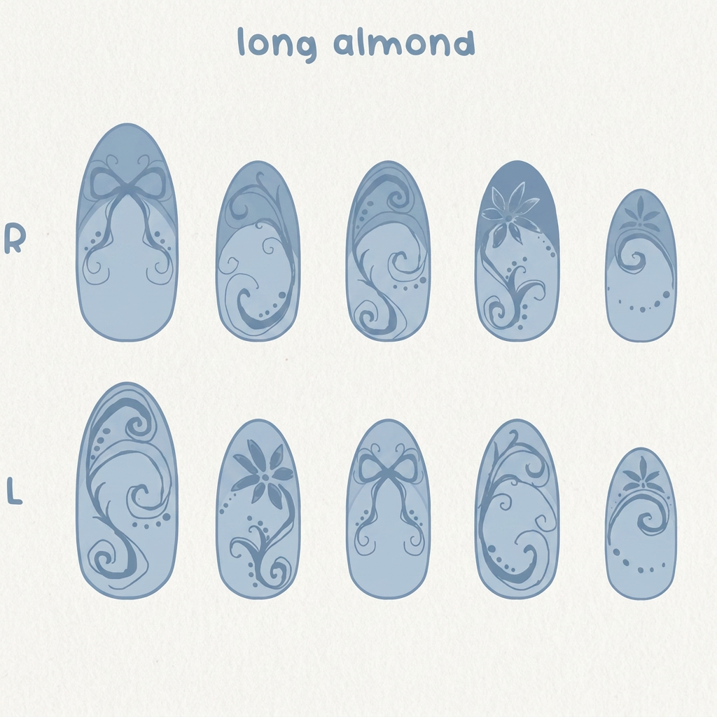 AI Design for nail design change all the black and the brown and all the white into dusty light blue change nothing else about this design and make sure at the end there are still 10 fingernails