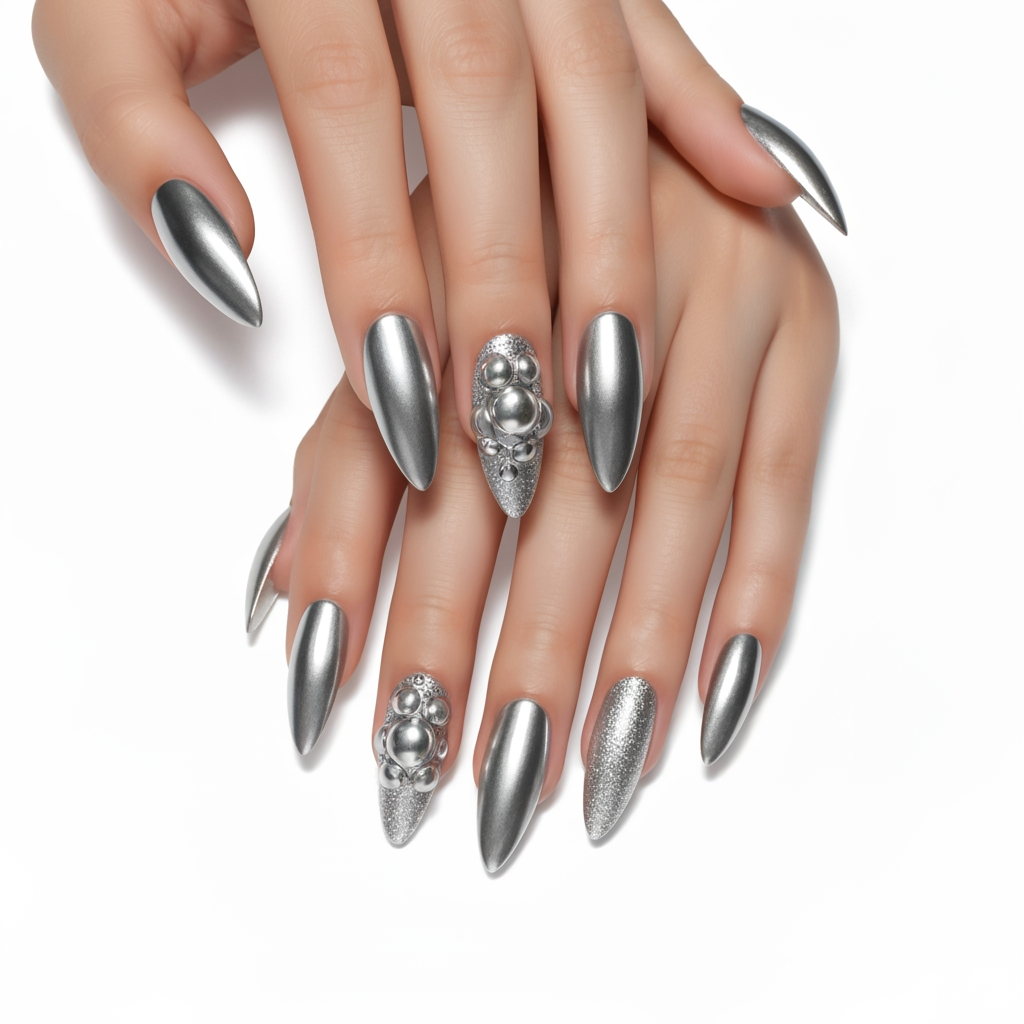 AI Design for design a unique silver chrome 3-D and 2-D mix of nail art begin so it would be very complimentary of silver jewelry and make it for five fingers two thumbs and four normal fingers make this a long almond shape and present presented in a clean matter not on real hands