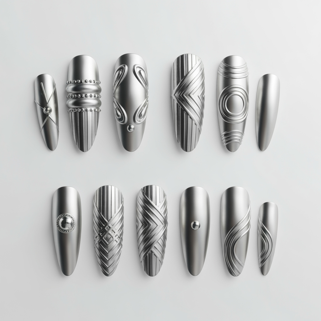 AI Design for design a unique silver chrome 3-D and 2-D mix of nail art begin so it would be very complimentary of silver jewelry and make it for five fingers two thumbs and four normal fingers make this a long almond shape and present presented in a clean matter not on real hands