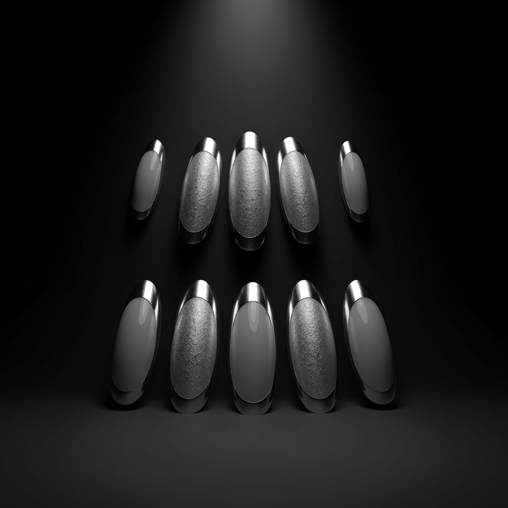 AI Design for design a unique silver chrome 3-D and 2-D mix of nail art begin so it would be very complimentary of silver jewelry and make it for five fingers two thumbs and four normal fingers make this a long almond shape and present presented in a clean matter not on real hands
