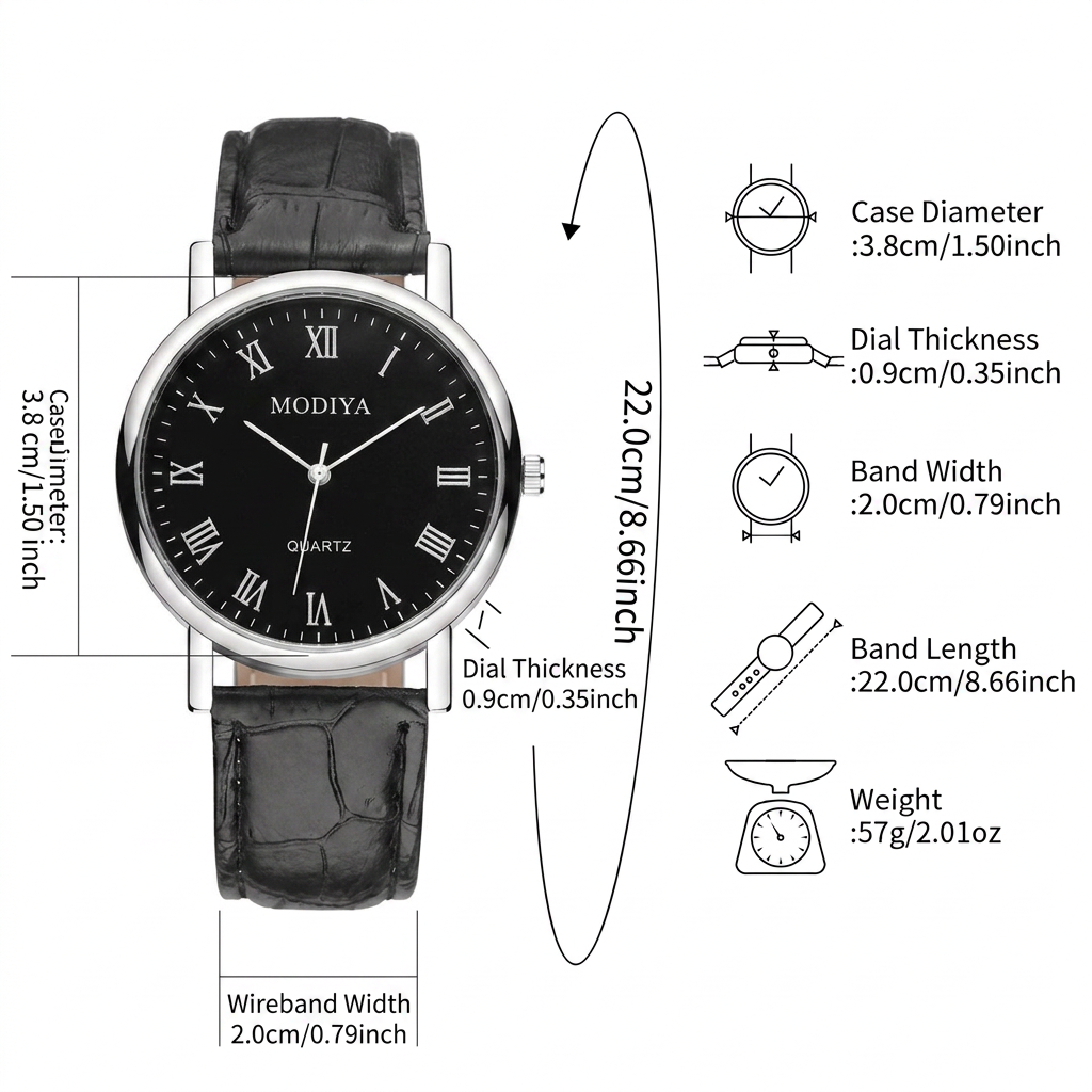 AI Design for 根据图二为图一生成尺寸图,图一手表的尺寸为:Band Length: 22CM
Case Thickness: 9MM
Dial Diameter: 38 MM
Wireband Width: 2 CM