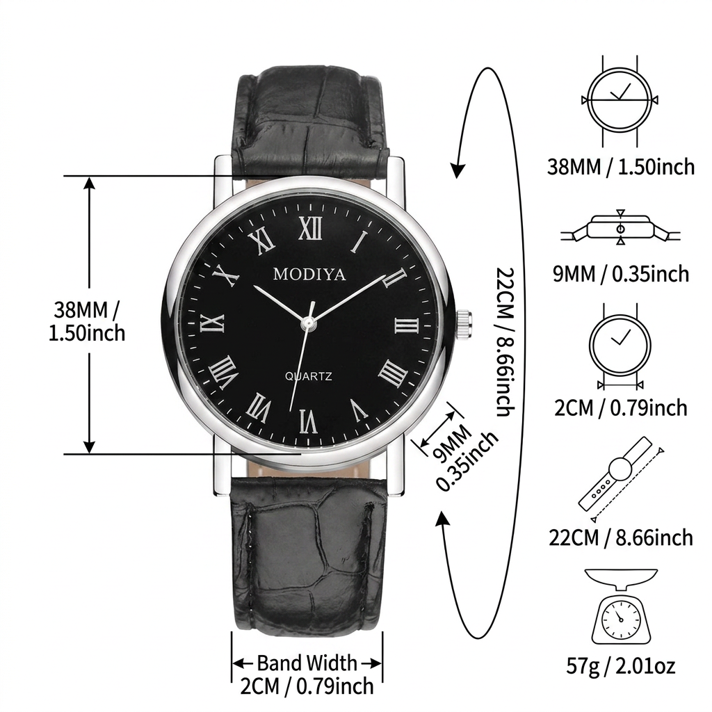 AI Design for 根据图二为图一生成尺寸图,图一手表的尺寸为:Band Length: 22CM
Case Thickness: 9MM
Dial Diameter: 38 MM
Wireband Width: 2 CM,手表的尺寸标注不用加名称