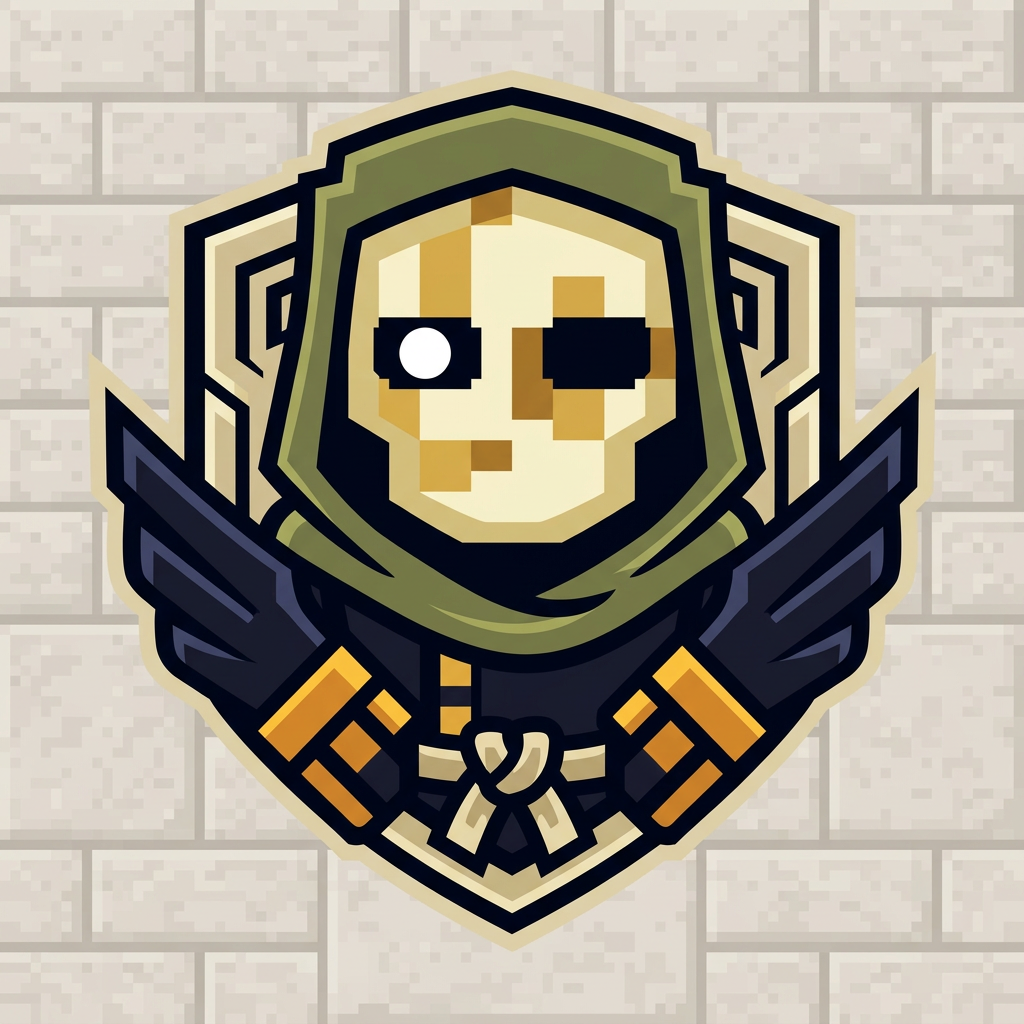 make an icon for this character no scratches make it more cartoony anime, serious and closer ok more Minecraft and more like the skin make one eye white and the other one black (blank) and also make it a logo not just the character no text, make it a logo, like mrbeast has a beast, and not his face. so make a cool logo for this character that would fit it