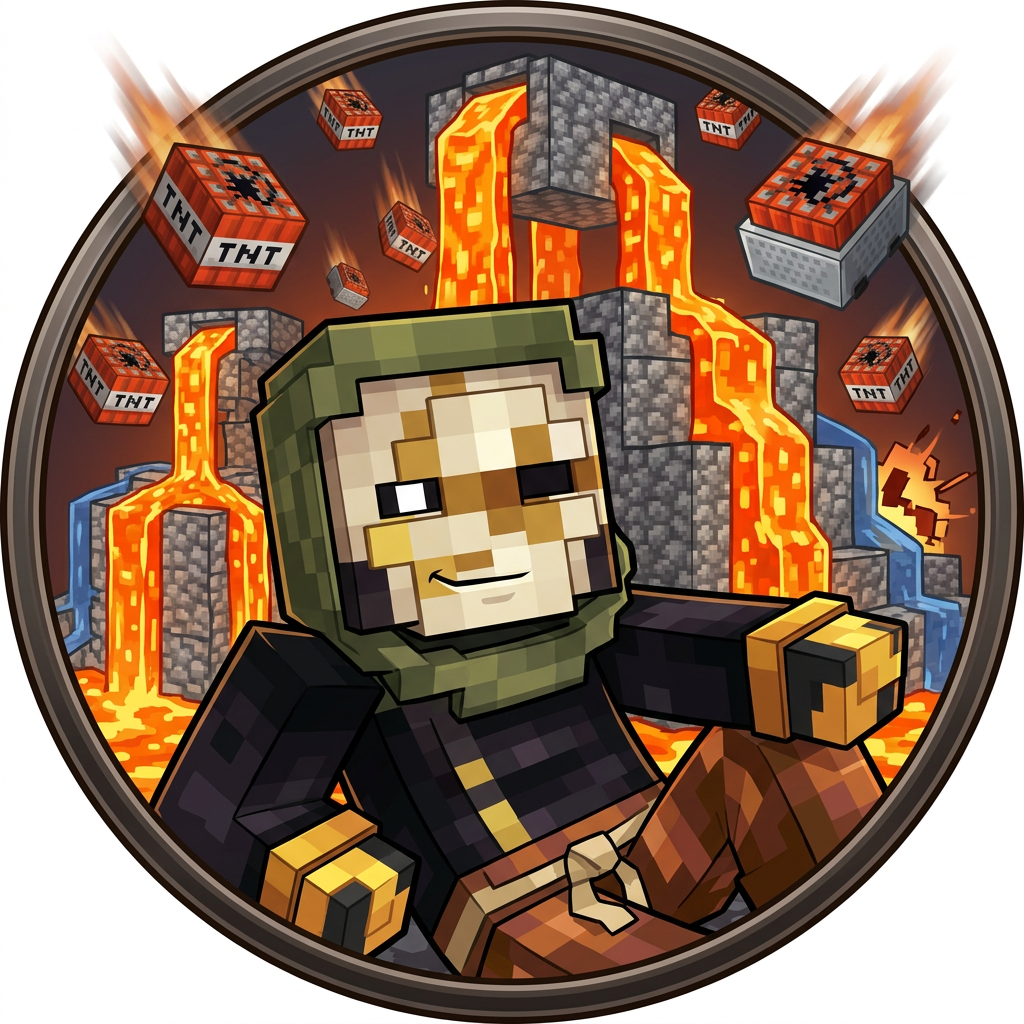 make an icon for this character no scratches make it more cartoony anime, serious and closer ok more Minecraft and more like the skin make one eye white and the other one black (blank) and also make it a logo not just the character no text, make it a logo, like mrbeast has a beast, and not his face. so make a cool logo for this character that would fit it actually just make it the character in a cool pose, also the character loves griefing doing lava casts and using tnt mine carts so maybe put him laughing while tnt mine carts and lava casts are raining down. ok more Minecraft realistic, no funny goofy face, but a smirk. and why is there ants bro, its tnt in mine carts and also lava casts is when lava pours down and then water creating a cobblestone structure. ok more like that but he has to be more in the middle or laying on the icon, and also make his mask more like his actual mask.