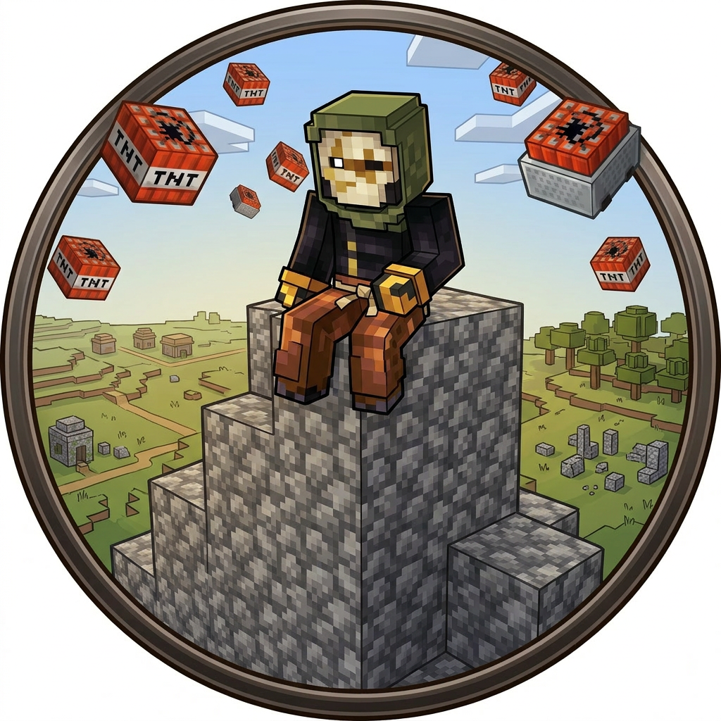ok the new image I just added, make the SAME EXACT THING but with him not having a mouth. make it so the lava casts make more game sense not that there's lava pouring out of the same thing and stuff like that, actually make it so that there's no lava. and he is on top of a mountain that over looks the spawn (grassfields or plains) and the mountain is cobble stone because it was a lava cast. make the tnt mine carts rain down and make him be on the tippy top of the mountain not that there's a mountain in the background.