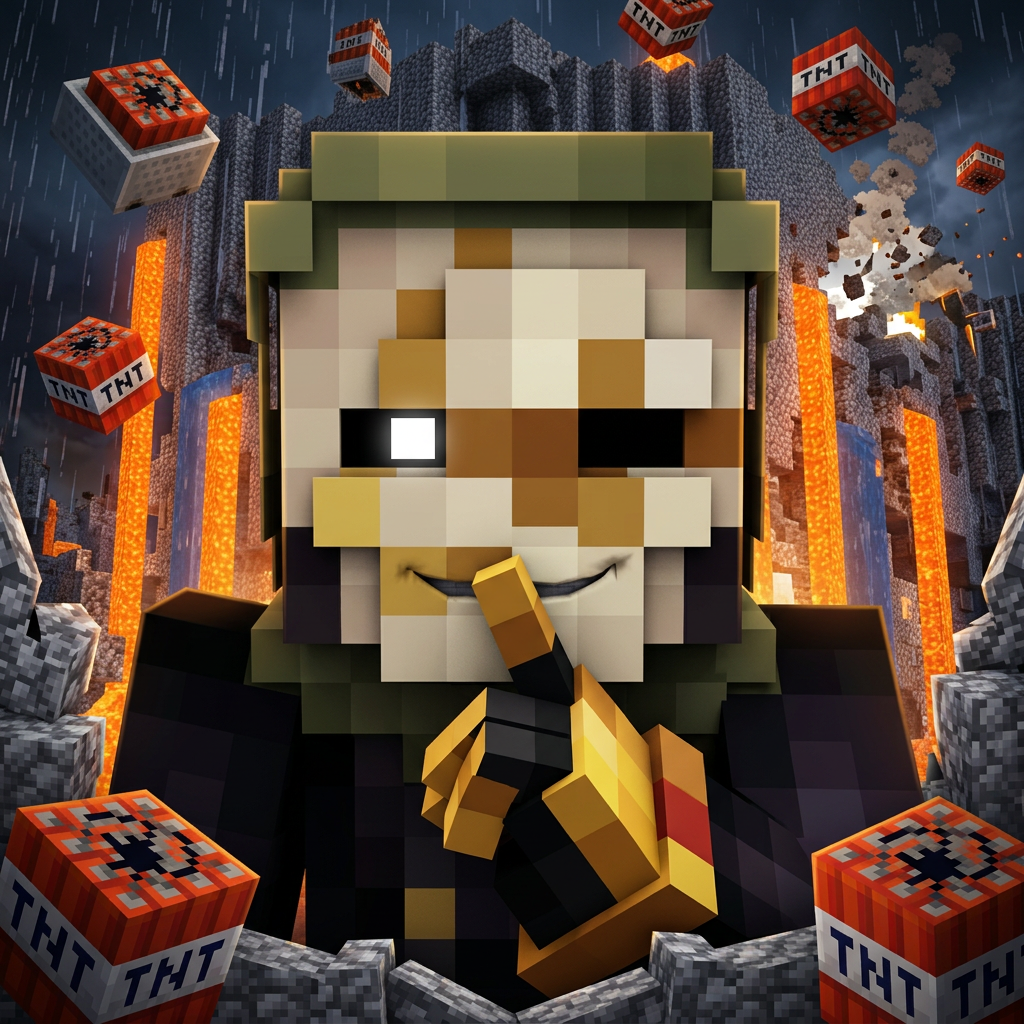 make an icon for this character no scratches make it more cartoony anime, serious and closer ok more Minecraft and more like the skin make one eye white and the other one black (blank) and also make it a logo not just the character no text, make it a logo, like mrbeast has a beast, and not his face. so make a cool logo for this character that would fit it actually just make it the character in a cool pose, also the character loves griefing doing lava casts and using tnt mine carts so maybe put him laughing while tnt mine carts and lava casts are raining down. ok more Minecraft realistic, no funny goofy face, but a smirk. and why is there ants bro, its tnt in mine carts and also lava casts is when lava pours down and then water creating a cobblestone structure. ok more like that but he has to be more in the middle or laying on the icon, and also make his mask more like his actual mask. ok now make him much closer to the image and make him do SHH with his finger over his mouth. because he has a mask that means he has no mouth, and make it a lot more seroius