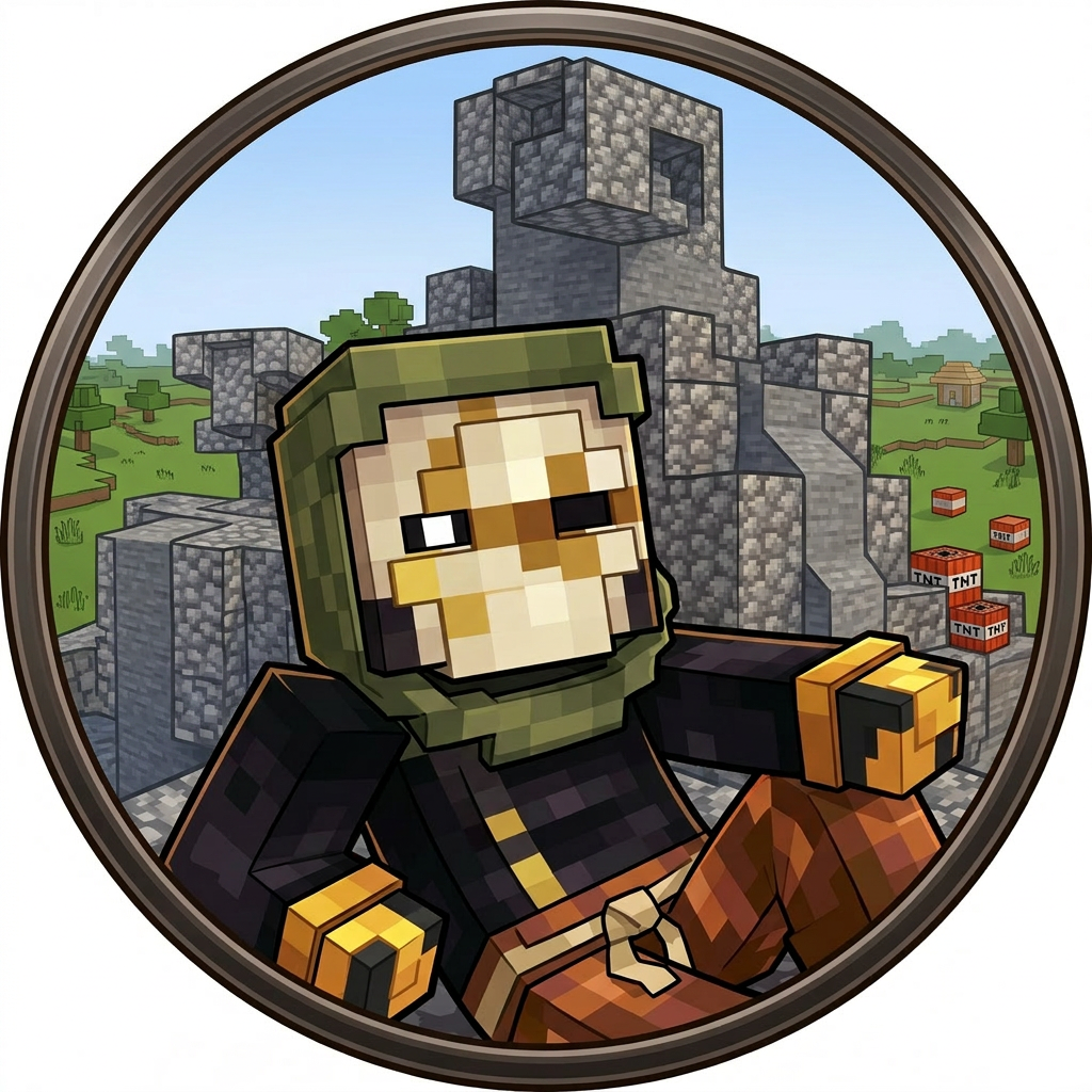 ok the new image I just added, make the SAME EXACT THING but with him not having a mouth. make it so the lava casts make more game sense not that there's lava pouring out of the same thing and stuff like that, actually make it so that there's no lava. and he is on top of a mountain that over looks the spawn (grassfields or plains) and the mountain is cobble stone because it was a lava cast.