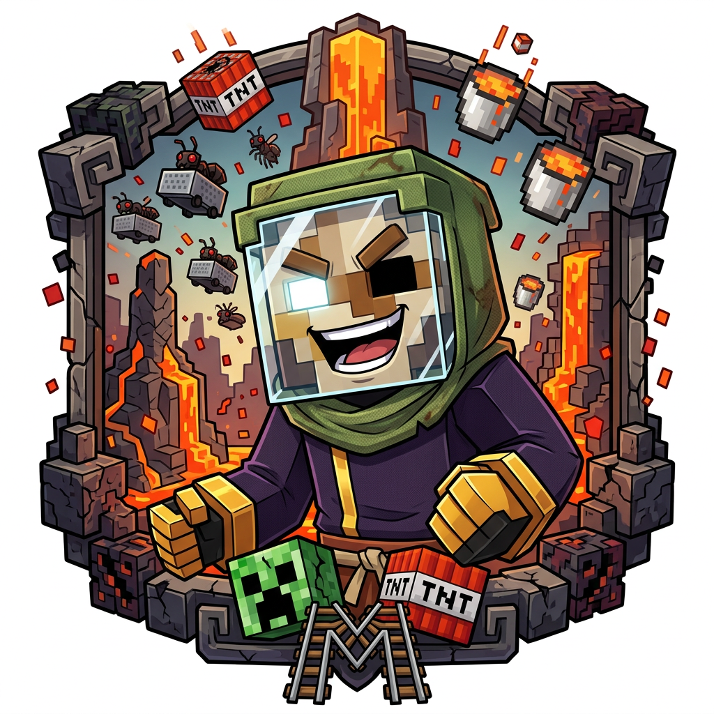 make an icon for this character no scratches make it more cartoony anime, serious and closer ok more Minecraft and more like the skin make one eye white and the other one black (blank) and also make it a logo not just the character no text, make it a logo, like mrbeast has a beast, and not his face. so make a cool logo for this character that would fit it actually just make it the character in a cool pose, also the character loves griefing doing lava casts and using ant mine carts so maybe put him laughing while ant mine carts and lava casts are raining down.