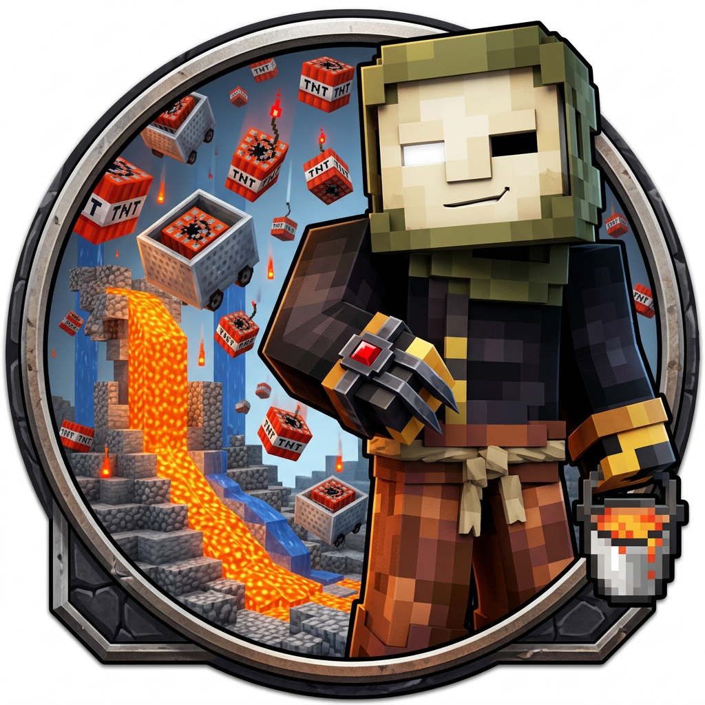 make an icon for this character no scratches make it more cartoony anime, serious and closer ok more Minecraft and more like the skin make one eye white and the other one black (blank) and also make it a logo not just the character no text, make it a logo, like mrbeast has a beast, and not his face. so make a cool logo for this character that would fit it actually just make it the character in a cool pose, also the character loves griefing doing lava casts and using tnt mine carts so maybe put him laughing while tnt mine carts and lava casts are raining down. ok more Minecraft realistic, no funny goofy face, but a smirk. and why is there ants bro, its tnt in mine carts and also lava casts is when lava pours down and then water creating a cobblestone structure.