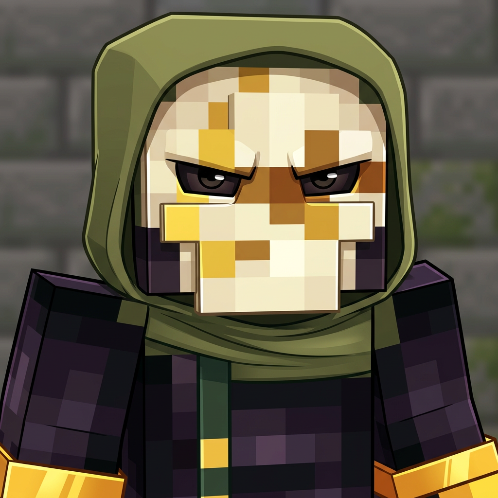 make an icon for this character no scratches make it more cartoony anime, serious and closer ok more Minecraft and more like the skin