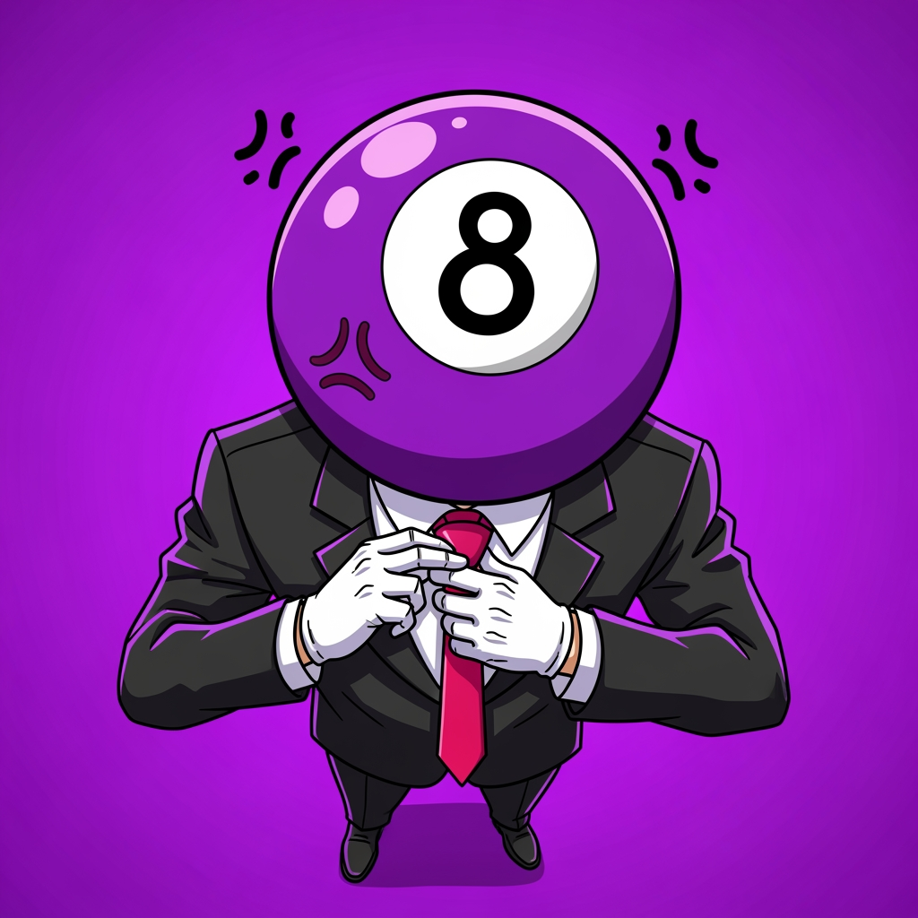 AI Design for Make an 8 ball that's purple-ey and make it cool like an anime, like an electric zap and also add a tie and make it a bit more minecrafty, the tie is pinky red. so actually make the whole avatar and make it look like hes adjusting his tie and a cool pose, no more zap, make it a close up and make the background just like a green screen but instead purple. make it more anime like, and a cool pose that fits him and a bit of aura. make him the same exact as before, he has gloves and no eyes nor mouth nor glasses, just make it a deep stare into the 8 ball, don't make him have an 8 ball in his hand, his head is an 8 ball, he has no mouth. make it more cartoony anime, and more like hes in a rush, and make his head which is ONLY and 8 ball look more down like hes looking at us from bottom to top, make it more accurate to the original version, its a he, a man and make it look like the camera is looking at him from above and hes looking up at it. make the 8 more in the middle like its looking at the camera, make the background purple. to remind you he has NO EYES, make him more in the center since this is gonna be a profile icon, make the 8 more rounded up, make the 8 a bit bigger, add some anger marks to make it more serious. MAKE THE BACKROUND FULLY PURPLE. AND MAKE THE OUTLINES BLACK NOT WHITE.