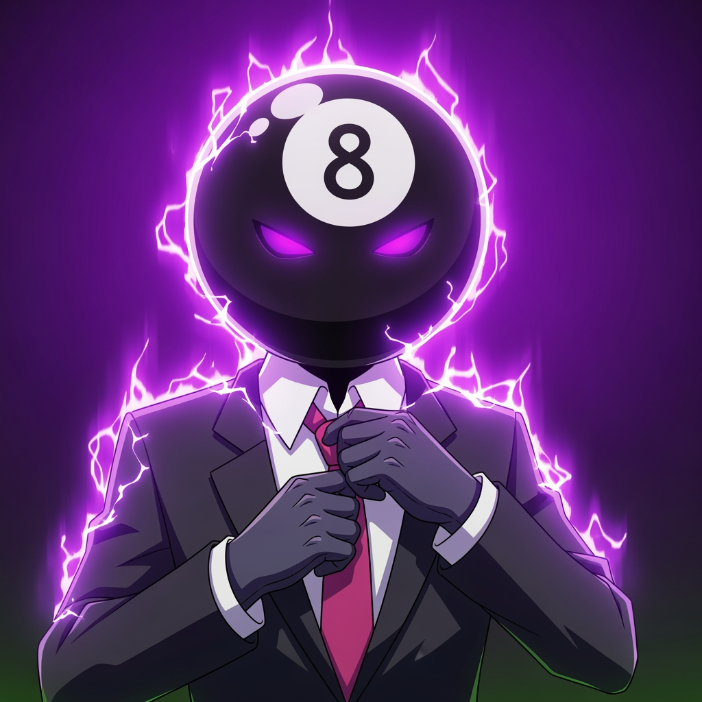 AI Design for Make an 8 ball that's purple-ey and make it cool like an anime, like an electric zap and also add a tie and make it a bit more minecrafty, the tie is pinky red. so actually make the whole avatar and make it look like hes adjusting his tie and a cool pose, no more zap, make it a close up and make the background just like a green screen but instead purple. make it more anime like, and a cool pose that fits him and a bit of aura. make him the same exact as before, he has gloves and no eyes nor mouth nor glasses, just make it a deep stare into the 8 ball, don't make him have an 8 ball in his hand, his head is an 8 ball, he has no mouth.