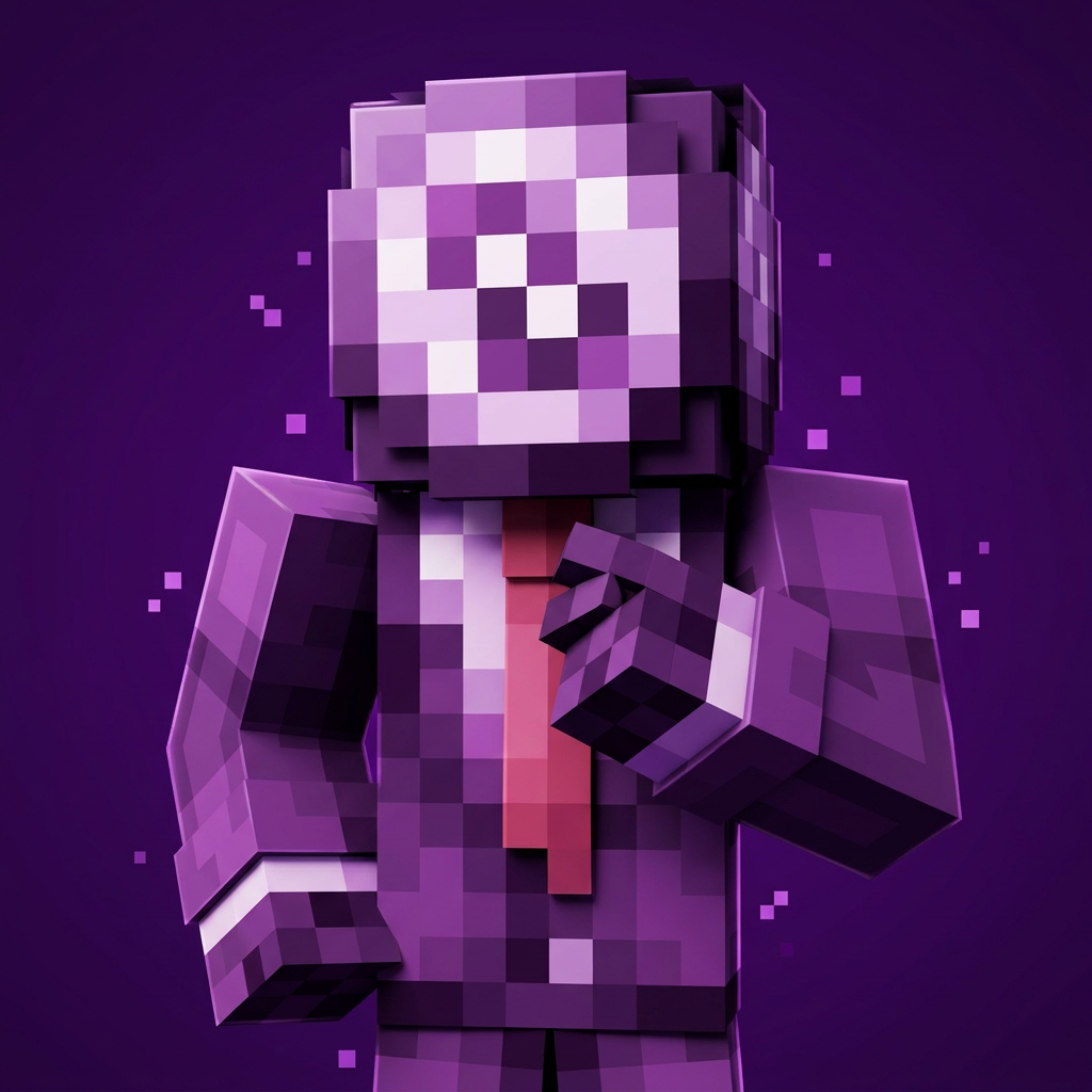 AI Design for Make an 8 ball that's purple-ey and make it cool like an anime, like an electric zap and also add a tie and make it a bit more minecrafty, the tie is pinky red. so actually make the whole avatar and make it look like hes adjusting his tie and a cool pose, no more zap, make it a close up and make the background just like a green screen but instead purple.