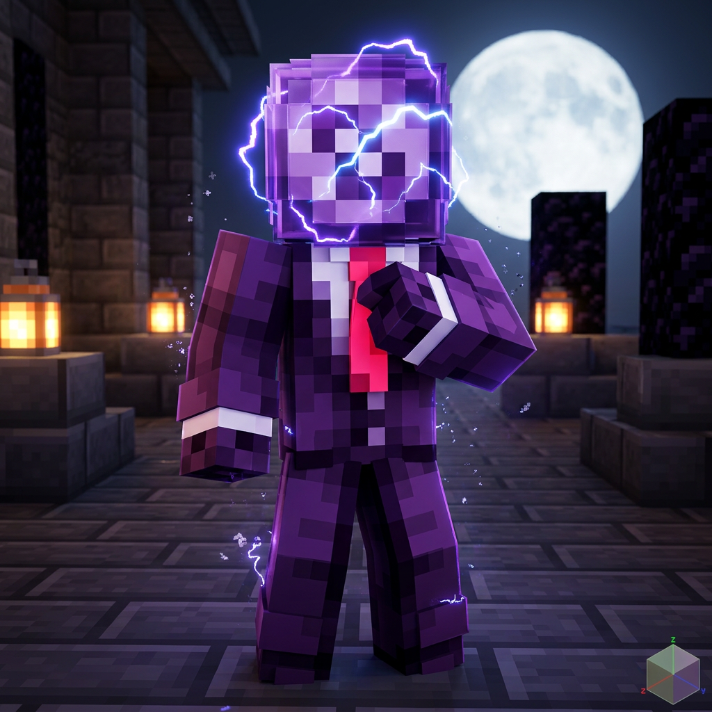 AI Design for Make an 8 ball that's purple-ey and make it cool like an anime, like an electric zap and also add a tie and make it a bit more minecrafty, the tie is pinky red. so actually make the whole avatar and make it look like hes adjusting his tie and a cool pose
