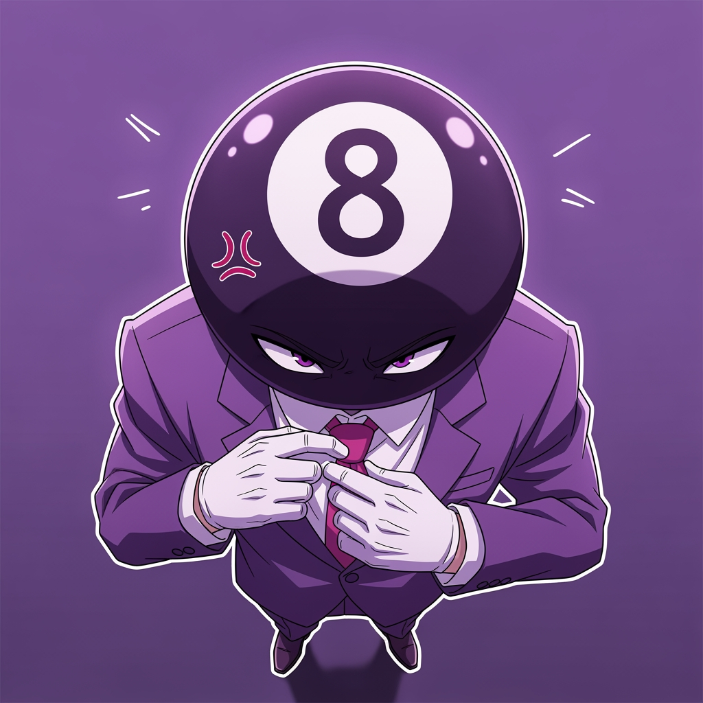 AI Design for Make an 8 ball that's purple-ey and make it cool like an anime, like an electric zap and also add a tie and make it a bit more minecrafty, the tie is pinky red. so actually make the whole avatar and make it look like hes adjusting his tie and a cool pose, no more zap, make it a close up and make the background just like a green screen but instead purple. make it more anime like, and a cool pose that fits him and a bit of aura. make him the same exact as before, he has gloves and no eyes nor mouth nor glasses, just make it a deep stare into the 8 ball, don't make him have an 8 ball in his hand, his head is an 8 ball, he has no mouth. make it more cartoony anime, and more like hes in a rush, and make his head which is ONLY and 8 ball look more down like hes looking at us from bottom to top, make it more accurate to the original version, its a he, a man and make it look like the camera is looking at him from above and hes looking up at it. make the 8 more in the middle like its looking at the camera, make the background purple. to remind you he has NO EYES, make him more in the center since this is gonna be a profile icon, make the 8 more rounded up, make the 8 a bit bigger, add some anger marks to make it more serious.