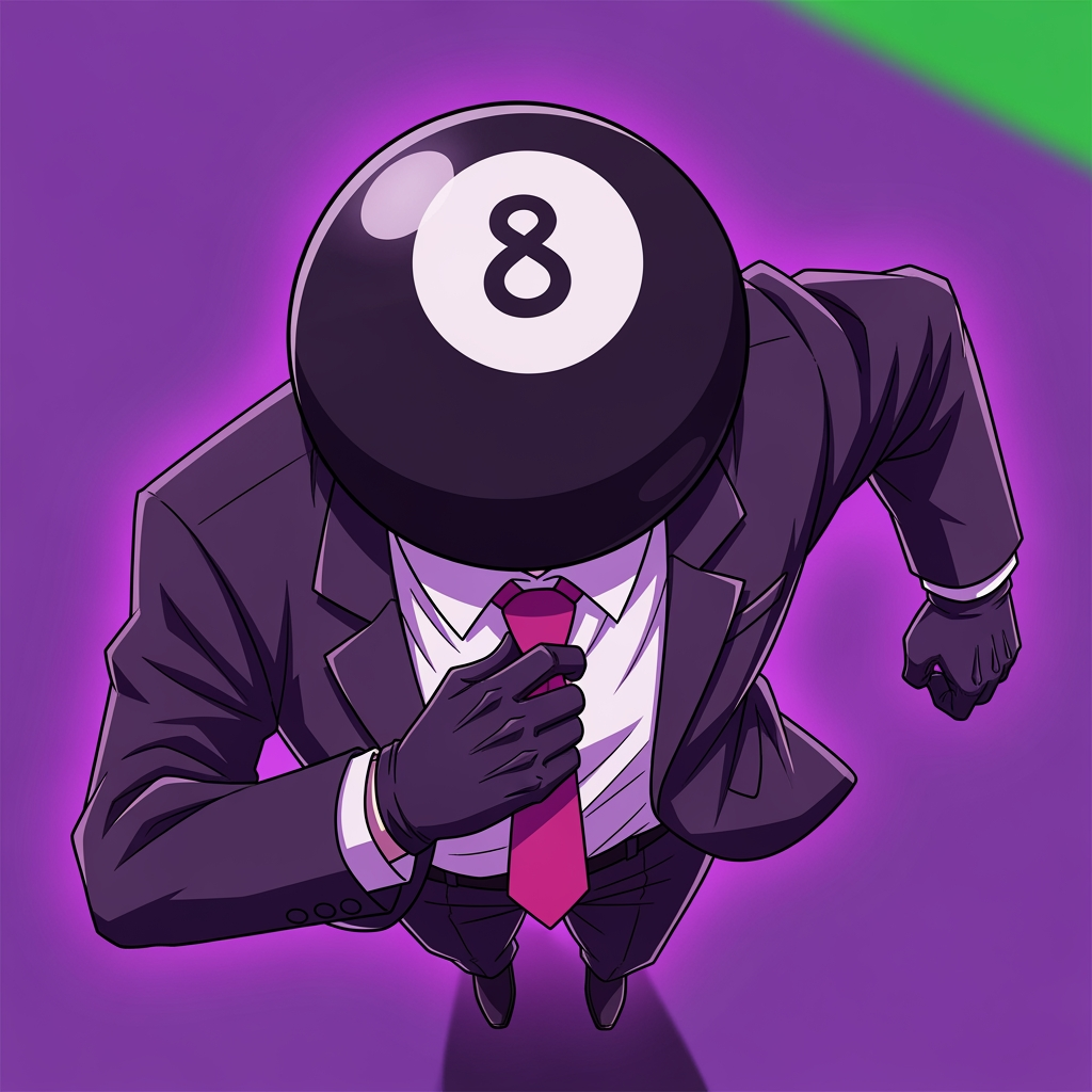 AI Design for Make an 8 ball that's purple-ey and make it cool like an anime, like an electric zap and also add a tie and make it a bit more minecrafty, the tie is pinky red. so actually make the whole avatar and make it look like hes adjusting his tie and a cool pose, no more zap, make it a close up and make the background just like a green screen but instead purple. make it more anime like, and a cool pose that fits him and a bit of aura. make him the same exact as before, he has gloves and no eyes nor mouth nor glasses, just make it a deep stare into the 8 ball, don't make him have an 8 ball in his hand, his head is an 8 ball, he has no mouth. make it more cartoony anime, and more like hes in a rush, and make his head which is ONLY and 8 ball look more down like hes looking at us from bottom to top, make it more accurate to the original version, its a he, a man and make it look like the camera is looking at him from above and hes looking up at it.