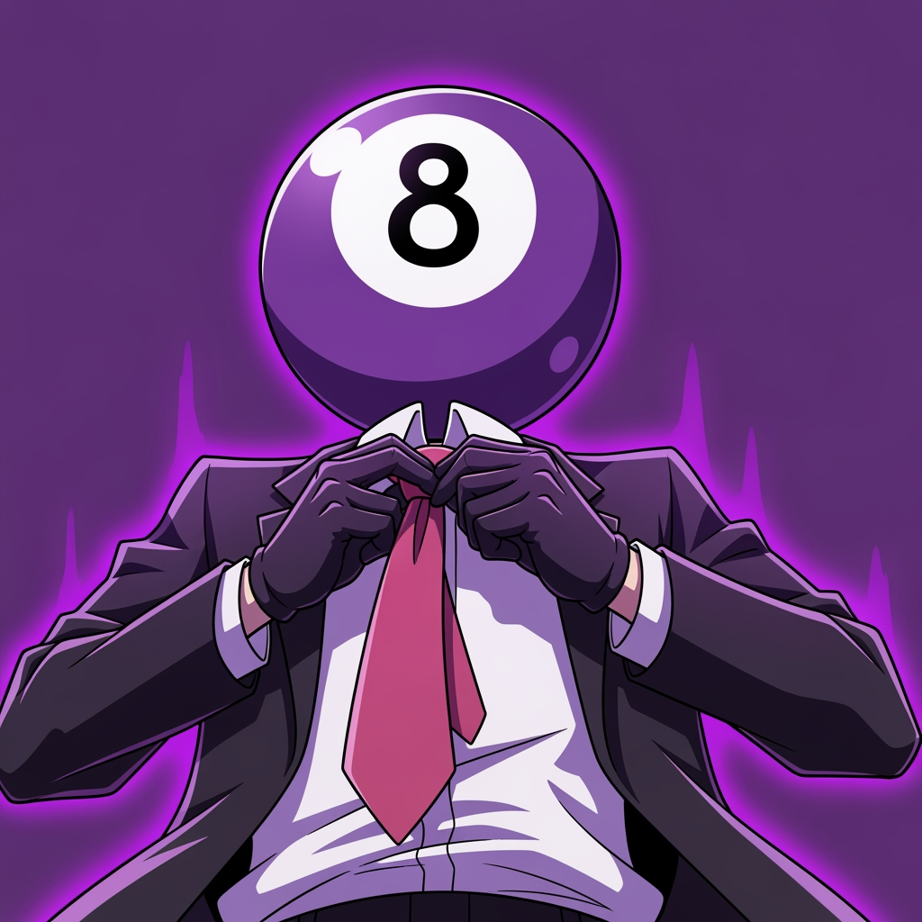 AI Design for Make an 8 ball that's purple-ey and make it cool like an anime, like an electric zap and also add a tie and make it a bit more minecrafty, the tie is pinky red. so actually make the whole avatar and make it look like hes adjusting his tie and a cool pose, no more zap, make it a close up and make the background just like a green screen but instead purple. make it more anime like, and a cool pose that fits him and a bit of aura. make him the same exact as before, he has gloves and no eyes nor mouth nor glasses, just make it a deep stare into the 8 ball, don't make him have an 8 ball in his hand, his head is an 8 ball, he has no mouth. make it more cartoony anime, and more like hes in a rush, and make his head which is ONLY and 8 ball look more down like hes looking at us from bottom to top, make it more accurate to the original version, its a he, a man and make it look like the camera is looking at him from above and hes looking up at it. make the 8 more in the middle like its looking at the camera, make the background purple. to remind you he has NO EYES, make him more in the center since this is gonna be a profile icon, make the 8 more rounded up, make the 8 a bit bigger, add some anger marks to make it more serious. MAKE THE BACKROUND FULLY PURPLE. AND MAKE THE OUTLINES BLACK NOT WHITE. make him a bit taller, and remove the anger marks, make his outfit like the original.