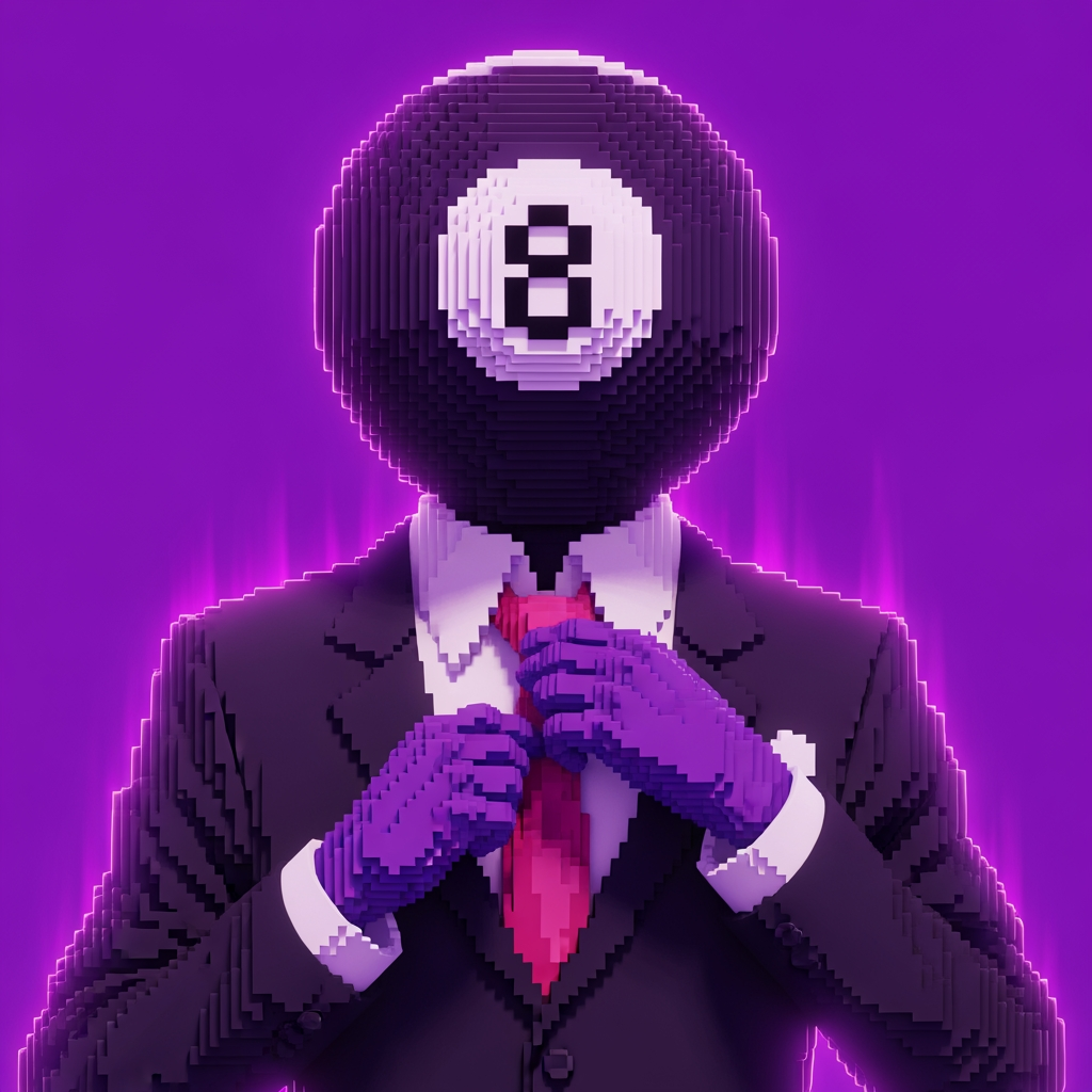 AI Design for Make an 8 ball that's purple-ey and make it cool like an anime, like an electric zap and also add a tie and make it a bit more minecrafty, the tie is pinky red. so actually make the whole avatar and make it look like hes adjusting his tie and a cool pose, no more zap, make it a close up and make the background just like a green screen but instead purple. make it more anime like, and a cool pose that fits him and a bit of aura. make him the same exact as before, he has gloves and no eyes nor mouth nor glasses, just make it a deep stare into the 8 ball, don't make him have an 8 ball in his hand, his head is an 8 ball, he has no mouth.