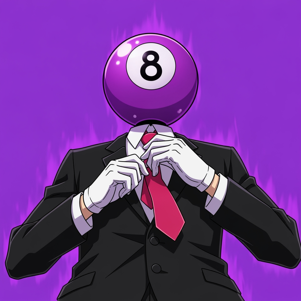 AI Design for Make an 8 ball that's purple-ey and make it cool like an anime, like an electric zap and also add a tie and make it a bit more minecrafty, the tie is pinky red. so actually make the whole avatar and make it look like hes adjusting his tie and a cool pose, no more zap, make it a close up and make the background just like a green screen but instead purple. make it more anime like, and a cool pose that fits him and a bit of aura. make him the same exact as before, he has gloves and no eyes nor mouth nor glasses, just make it a deep stare into the 8 ball, don't make him have an 8 ball in his hand, his head is an 8 ball, he has no mouth. make it more cartoony anime, and more like hes in a rush, and make his head which is ONLY and 8 ball look more down like hes looking at us from bottom to top, make it more accurate to the original version, its a he, a man and make it look like the camera is looking at him from above and hes looking up at it. make the 8 more in the middle like its looking at the camera, make the background purple. to remind you he has NO EYES, make him more in the center since this is gonna be a profile icon, make the 8 more rounded up, make the 8 a bit bigger, add some anger marks to make it more serious. MAKE THE BACKROUND FULLY PURPLE. AND MAKE THE OUTLINES BLACK NOT WHITE. make him a bit taller, and remove the anger marks, make his outfit like the original.