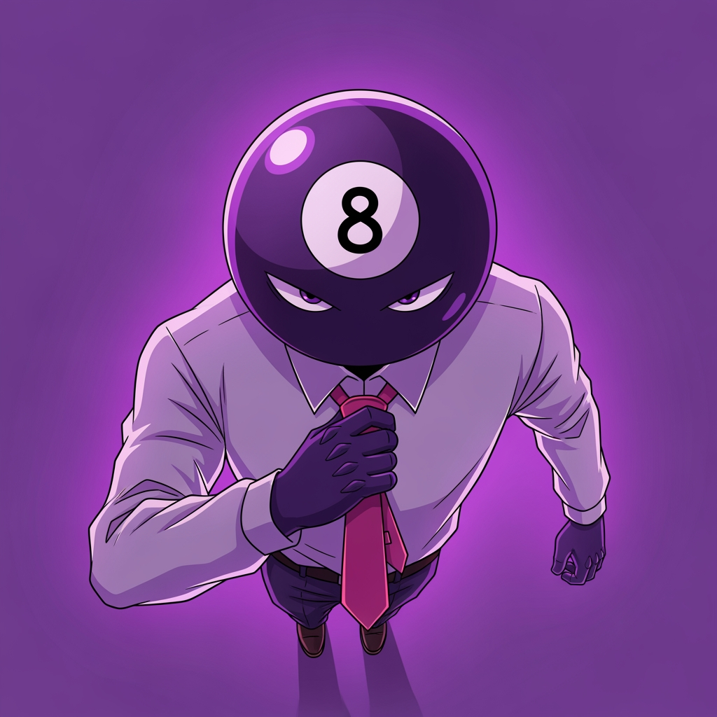 AI Design for Make an 8 ball that's purple-ey and make it cool like an anime, like an electric zap and also add a tie and make it a bit more minecrafty, the tie is pinky red. so actually make the whole avatar and make it look like hes adjusting his tie and a cool pose, no more zap, make it a close up and make the background just like a green screen but instead purple. make it more anime like, and a cool pose that fits him and a bit of aura. make him the same exact as before, he has gloves and no eyes nor mouth nor glasses, just make it a deep stare into the 8 ball, don't make him have an 8 ball in his hand, his head is an 8 ball, he has no mouth. make it more cartoony anime, and more like hes in a rush, and make his head which is ONLY and 8 ball look more down like hes looking at us from bottom to top, make it more accurate to the original version, its a he, a man and make it look like the camera is looking at him from above and hes looking up at it. make the 8 more in the middle like its looking at the camera, make the background purple.