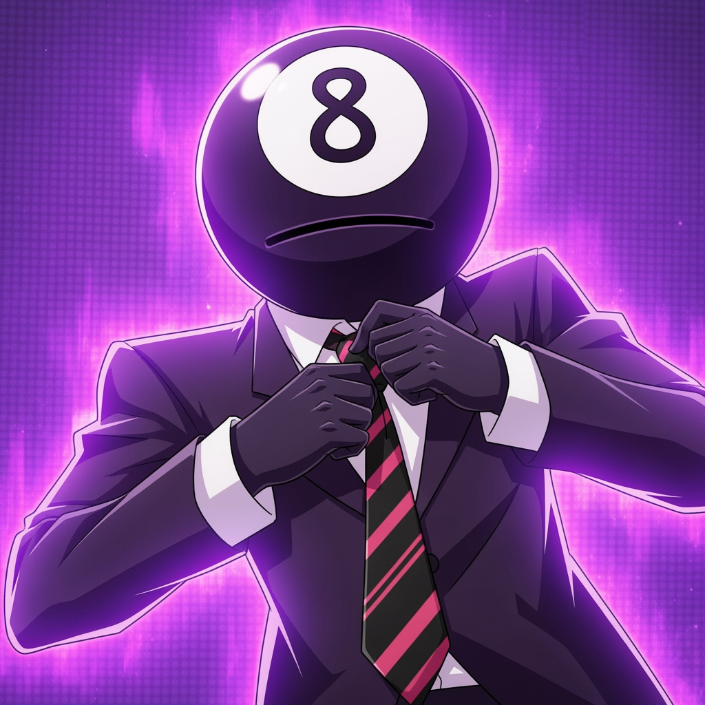 AI Design for Make an 8 ball that's purple-ey and make it cool like an anime, like an electric zap and also add a tie and make it a bit more minecrafty, the tie is pinky red. so actually make the whole avatar and make it look like hes adjusting his tie and a cool pose, no more zap, make it a close up and make the background just like a green screen but instead purple. make it more anime like, and a cool pose that fits him and a bit of aura. make him the same exact as before, he has gloves and no eyes nor mouth nor glasses, just make it a deep stare into the 8 ball