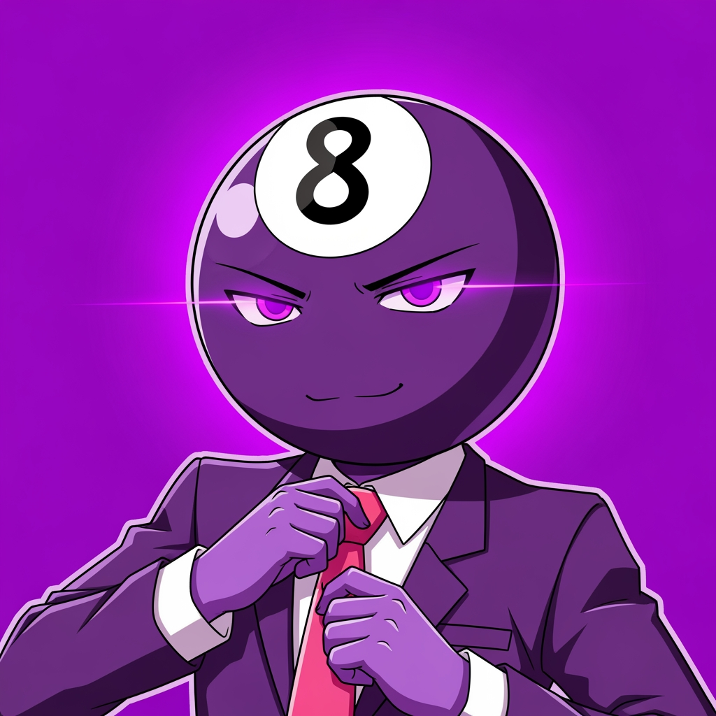 AI Design for Make an 8 ball that's purple-ey and make it cool like an anime, like an electric zap and also add a tie and make it a bit more minecrafty, the tie is pinky red. so actually make the whole avatar and make it look like hes adjusting his tie and a cool pose, no more zap, make it a close up and make the background just like a green screen but instead purple. make it more anime like, and a cool pose that fits him and a bit of aura.