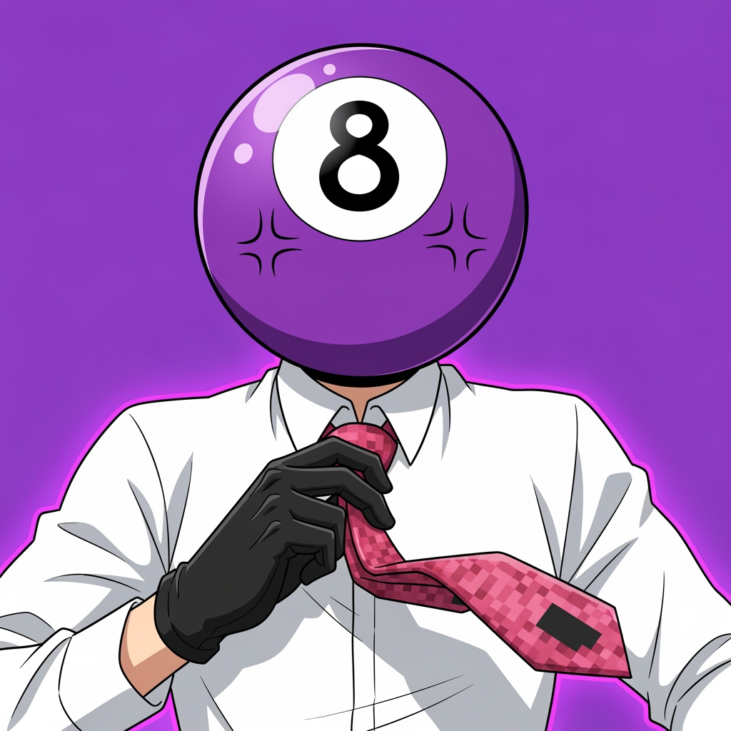 AI Design for Make an 8 ball that's purple-ey and make it cool like an anime, like an electric zap and also add a tie and make it a bit more minecrafty, the tie is pinky red. so actually make the whole avatar and make it look like hes adjusting his tie and a cool pose, no more zap, make it a close up and make the background just like a green screen but instead purple. make it more anime like, and a cool pose that fits him and a bit of aura. make him the same exact as before, he has gloves and no eyes nor mouth nor glasses, just make it a deep stare into the 8 ball, don't make him have an 8 ball in his hand, his head is an 8 ball, he has no mouth. make it more cartoony anime, and more like hes in a rush, and make his head which is ONLY and 8 ball look more down like hes looking at us from bottom to top, make it more accurate to the original version, its a he, a man and make it look like the camera is looking at him from above and hes looking up at it. make the 8 more in the middle like its looking at the camera, make the background purple. to remind you he has NO EYES, make him more in the center since this is gonna be a profile icon, make the 8 more rounded up, make the 8 a bit bigger, add some anger marks to make it more serious. MAKE THE BACKROUND FULLY PURPLE. AND MAKE THE OUTLINES BLACK NOT WHITE.
