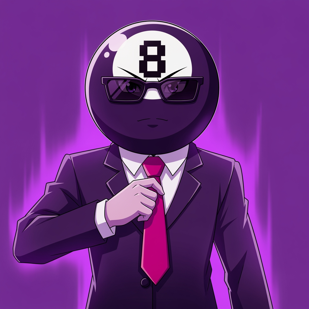 AI Design for Make an 8 ball that's purple-ey and make it cool like an anime, like an electric zap and also add a tie and make it a bit more minecrafty, the tie is pinky red. so actually make the whole avatar and make it look like hes adjusting his tie and a cool pose, no more zap, make it a close up and make the background just like a green screen but instead purple. make it more anime like, and a cool pose that fits him and a bit of aura.