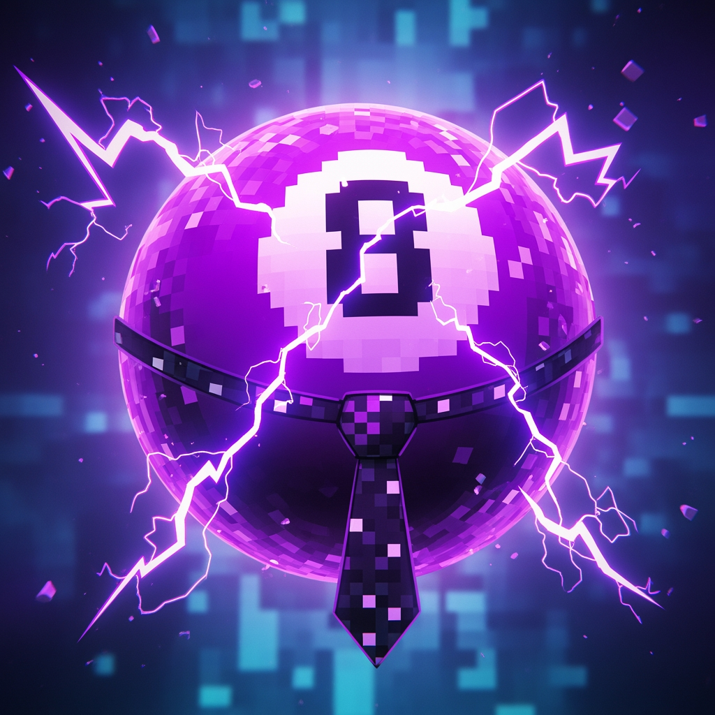 AI Design for Make an 8 ball that's purple-ey and make it cool like an anime, like an electric zap and also add a tie and make it a bit more minecrafty