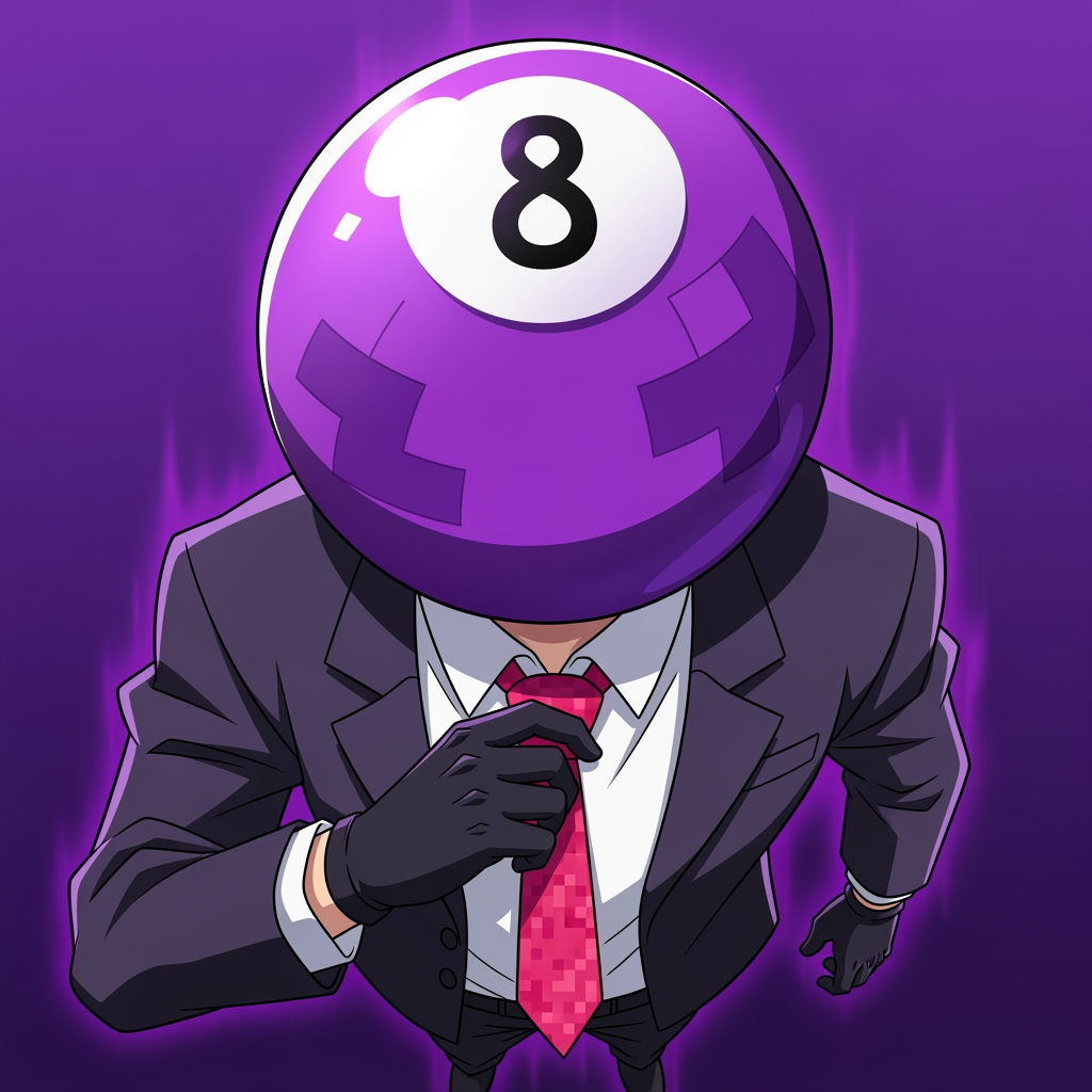 AI Design for Make an 8 ball that's purple-ey and make it cool like an anime, like an electric zap and also add a tie and make it a bit more minecrafty, the tie is pinky red. so actually make the whole avatar and make it look like hes adjusting his tie and a cool pose, no more zap, make it a close up and make the background just like a green screen but instead purple. make it more anime like, and a cool pose that fits him and a bit of aura. make him the same exact as before, he has gloves and no eyes nor mouth nor glasses, just make it a deep stare into the 8 ball, don't make him have an 8 ball in his hand, his head is an 8 ball, he has no mouth. make it more cartoony anime, and more like hes in a rush, and make his head which is ONLY and 8 ball look more down like hes looking at us from bottom to top, make it more accurate to the original version, its a he, a man and make it look like the camera is looking at him from above and hes looking up at it.