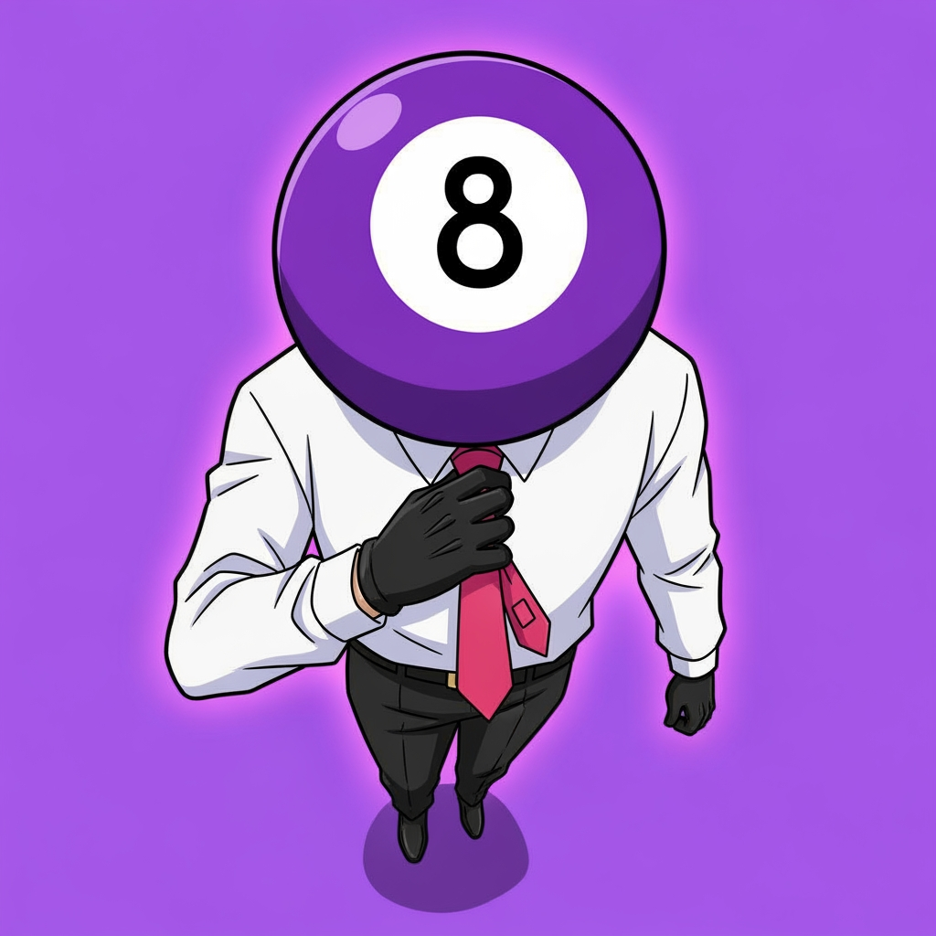 AI Design for Make an 8 ball that's purple-ey and make it cool like an anime, like an electric zap and also add a tie and make it a bit more minecrafty, the tie is pinky red. so actually make the whole avatar and make it look like hes adjusting his tie and a cool pose, no more zap, make it a close up and make the background just like a green screen but instead purple. make it more anime like, and a cool pose that fits him and a bit of aura. make him the same exact as before, he has gloves and no eyes nor mouth nor glasses, just make it a deep stare into the 8 ball, don't make him have an 8 ball in his hand, his head is an 8 ball, he has no mouth. make it more cartoony anime, and more like hes in a rush, and make his head which is ONLY and 8 ball look more down like hes looking at us from bottom to top, make it more accurate to the original version, its a he, a man and make it look like the camera is looking at him from above and hes looking up at it. make the 8 more in the middle like its looking at the camera, make the background purple. to remind you he has NO EYES, make him more in the center since this is gonna be a profile icon, make the 8 more rounded up, make the 8 a bit bigger, add some anger marks to make it more serious. MAKE THE BACKROUND FULLY PURPLE. AND MAKE THE OUTLINES BLACK NOT WHITE. make him a bit taller, and remove the anger marks, make his outfit like the original.