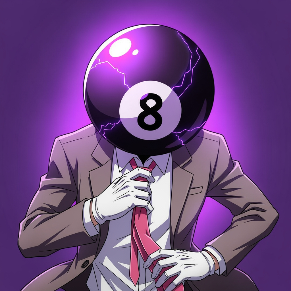 AI Design for Make an 8 ball that's purple-ey and make it cool like an anime, like an electric zap and also add a tie and make it a bit more minecrafty, the tie is pinky red. so actually make the whole avatar and make it look like hes adjusting his tie and a cool pose, no more zap, make it a close up and make the background just like a green screen but instead purple. make it more anime like, and a cool pose that fits him and a bit of aura. make him the same exact as before, he has gloves and no eyes nor mouth nor glasses, just make it a deep stare into the 8 ball, don't make him have an 8 ball in his hand, his head is an 8 ball, he has no mouth. make it more cartoony anime, and more like hes in a rush, and make his head which is ONLY and 8 ball look more down like hes looking at us from bottom to top