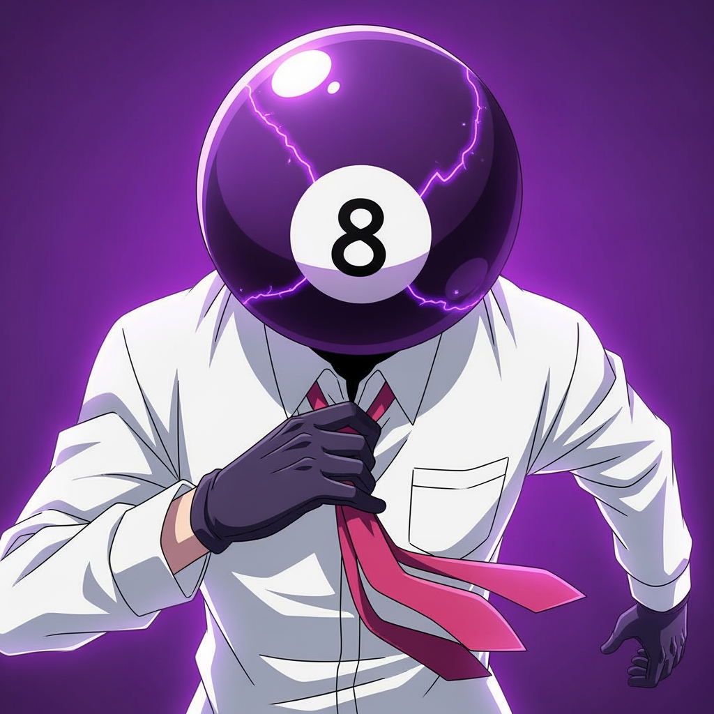 AI Design for Make an 8 ball that's purple-ey and make it cool like an anime, like an electric zap and also add a tie and make it a bit more minecrafty, the tie is pinky red. so actually make the whole avatar and make it look like hes adjusting his tie and a cool pose, no more zap, make it a close up and make the background just like a green screen but instead purple. make it more anime like, and a cool pose that fits him and a bit of aura. make him the same exact as before, he has gloves and no eyes nor mouth nor glasses, just make it a deep stare into the 8 ball, don't make him have an 8 ball in his hand, his head is an 8 ball, he has no mouth. make it more cartoony anime, and more like hes in a rush, and make his head which is ONLY and 8 ball look more down like hes looking at us from bottom to top