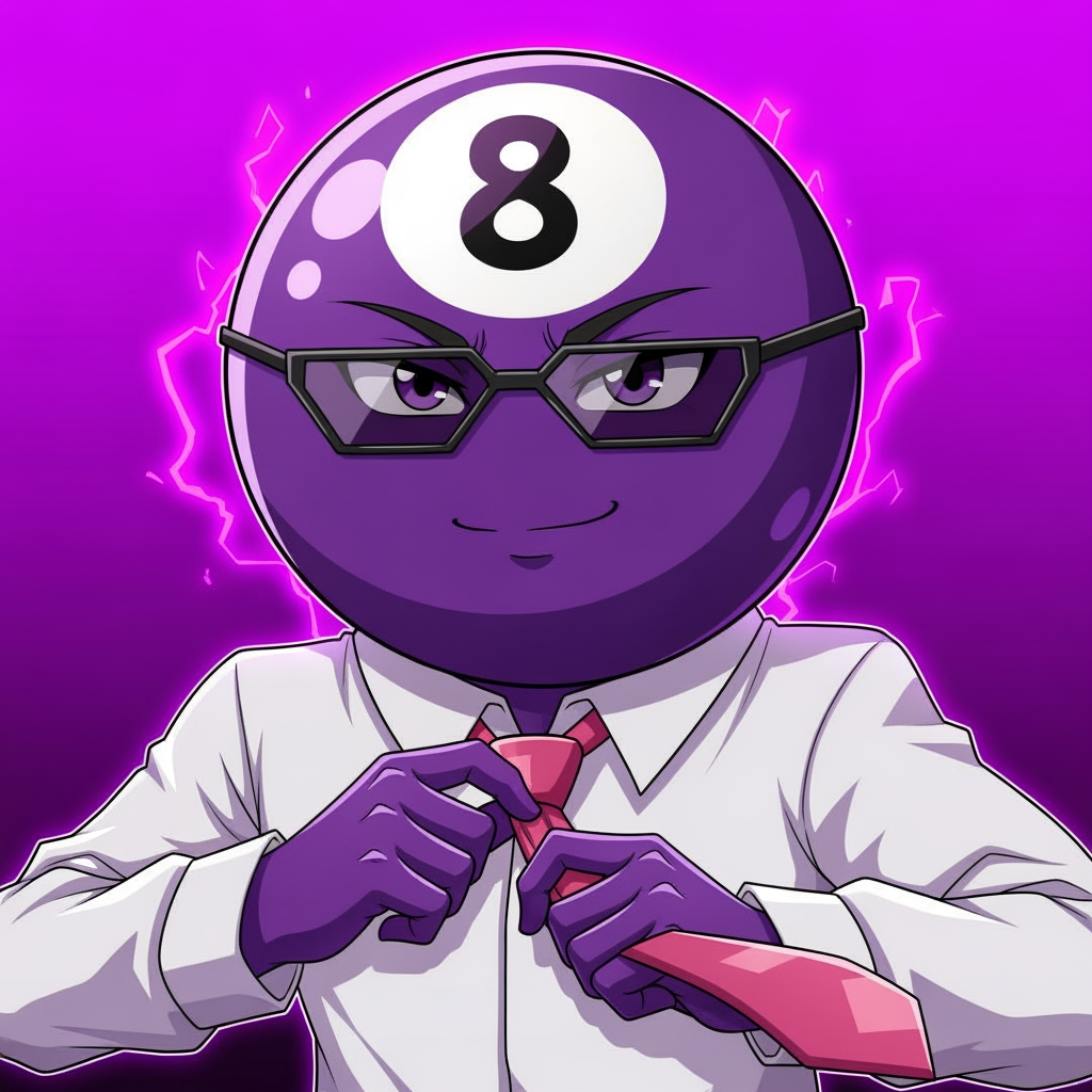 AI Design for Make an 8 ball that's purple-ey and make it cool like an anime, like an electric zap and also add a tie and make it a bit more minecrafty, the tie is pinky red. so actually make the whole avatar and make it look like hes adjusting his tie and a cool pose, no more zap, make it a close up and make the background just like a green screen but instead purple. make it more anime like, and a cool pose that fits him and a bit of aura.