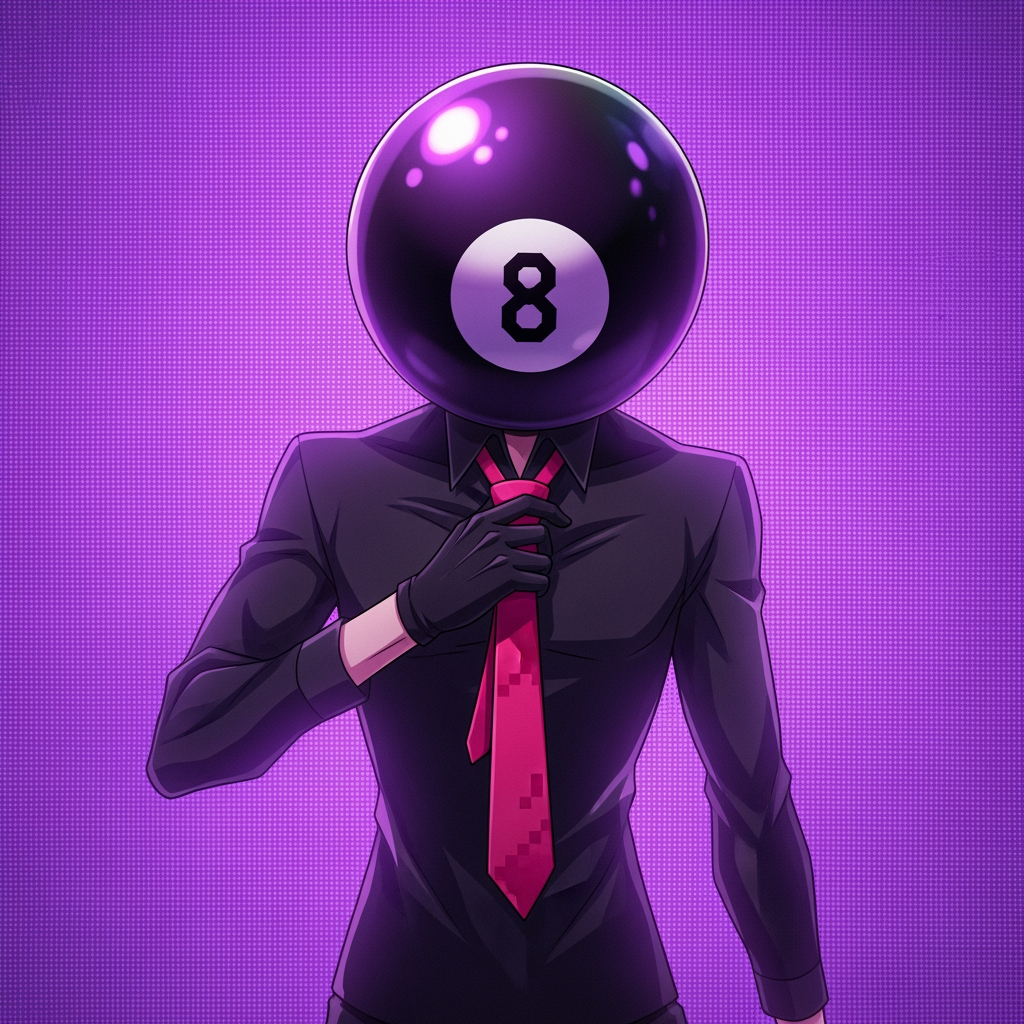AI Design for Make an 8 ball that's purple-ey and make it cool like an anime, like an electric zap and also add a tie and make it a bit more minecrafty, the tie is pinky red. so actually make the whole avatar and make it look like hes adjusting his tie and a cool pose, no more zap, make it a close up and make the background just like a green screen but instead purple. make it more anime like, and a cool pose that fits him and a bit of aura. make him the same exact as before, he has gloves and no eyes nor mouth nor glasses, just make it a deep stare into the 8 ball, don't make him have an 8 ball in his hand, his head is an 8 ball, he has no mouth. make it more cartoony anime, and more like hes in a rush, and make his head which is ONLY and 8 ball look more down like hes looking at us from bottom to top