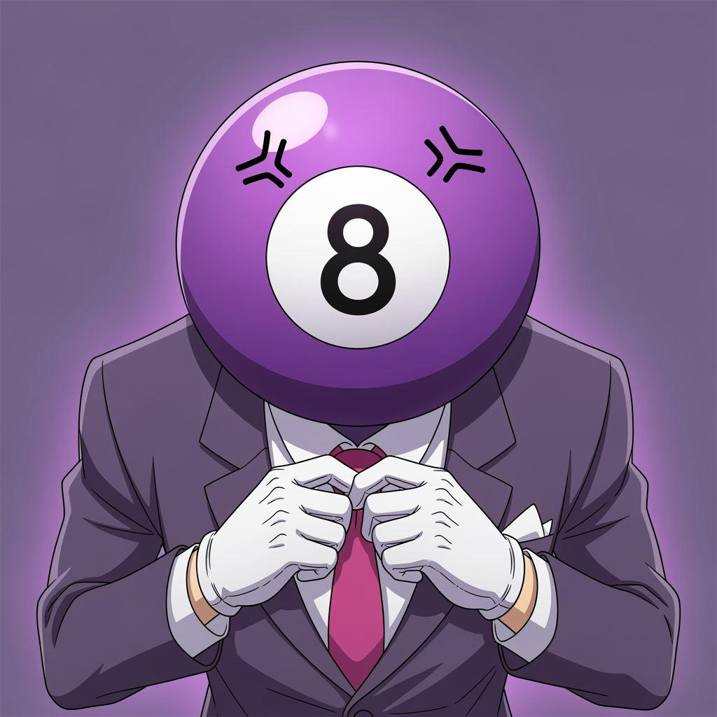 AI Design for Make an 8 ball that's purple-ey and make it cool like an anime, like an electric zap and also add a tie and make it a bit more minecrafty, the tie is pinky red. so actually make the whole avatar and make it look like hes adjusting his tie and a cool pose, no more zap, make it a close up and make the background just like a green screen but instead purple. make it more anime like, and a cool pose that fits him and a bit of aura. make him the same exact as before, he has gloves and no eyes nor mouth nor glasses, just make it a deep stare into the 8 ball, don't make him have an 8 ball in his hand, his head is an 8 ball, he has no mouth. make it more cartoony anime, and more like hes in a rush, and make his head which is ONLY and 8 ball look more down like hes looking at us from bottom to top, make it more accurate to the original version, its a he, a man and make it look like the camera is looking at him from above and hes looking up at it. make the 8 more in the middle like its looking at the camera, make the background purple. to remind you he has NO EYES, make him more in the center since this is gonna be a profile icon, make the 8 more rounded up, make the 8 a bit bigger, add some anger marks to make it more serious.
